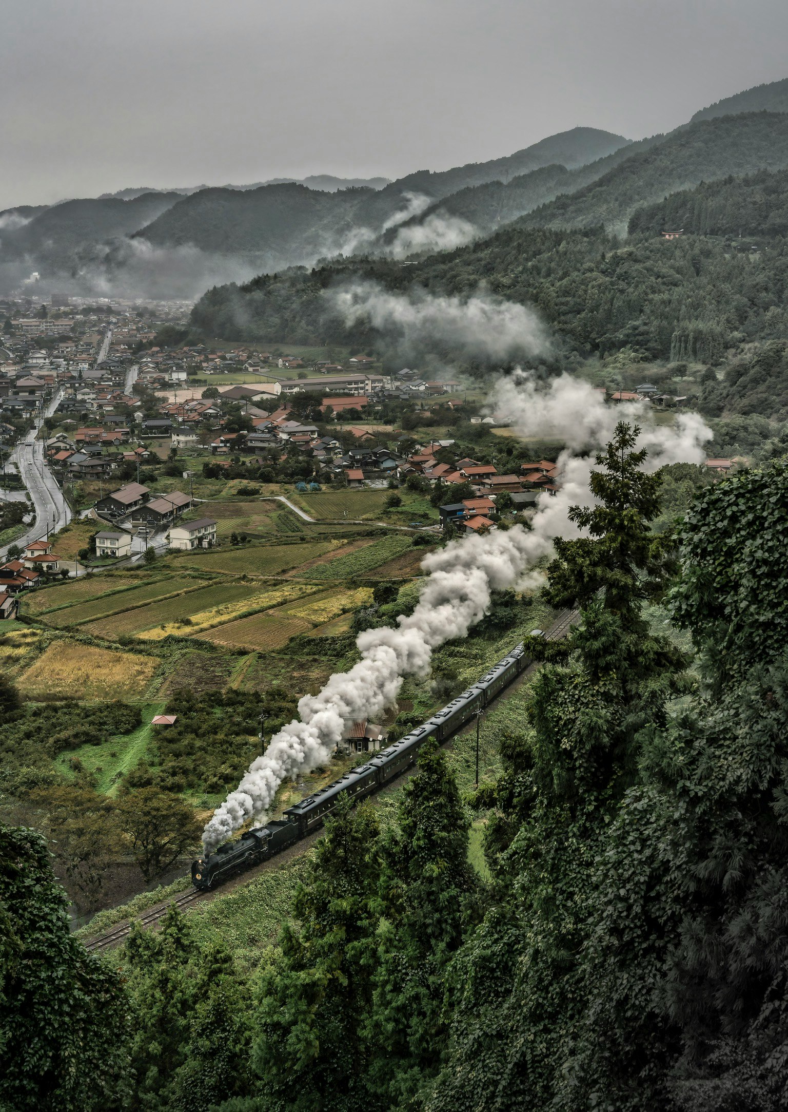霧雨の中を走る列車と煙が流れる山あいの田園風景
