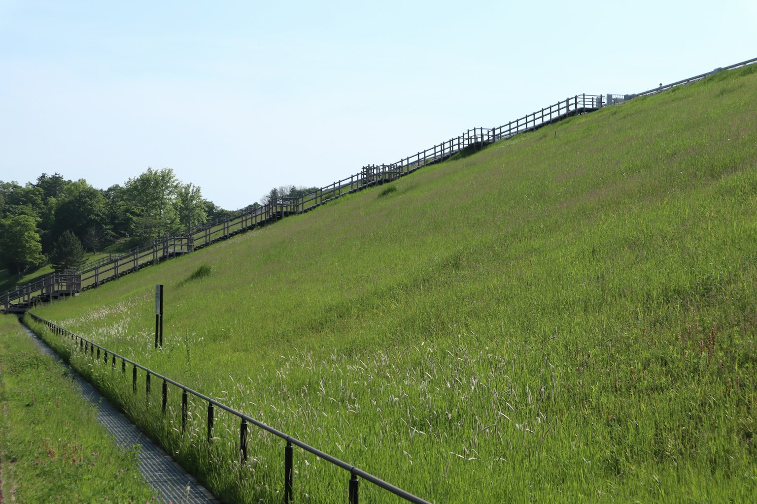 Hügellandschaft mit grünem Gras und Holzzaun