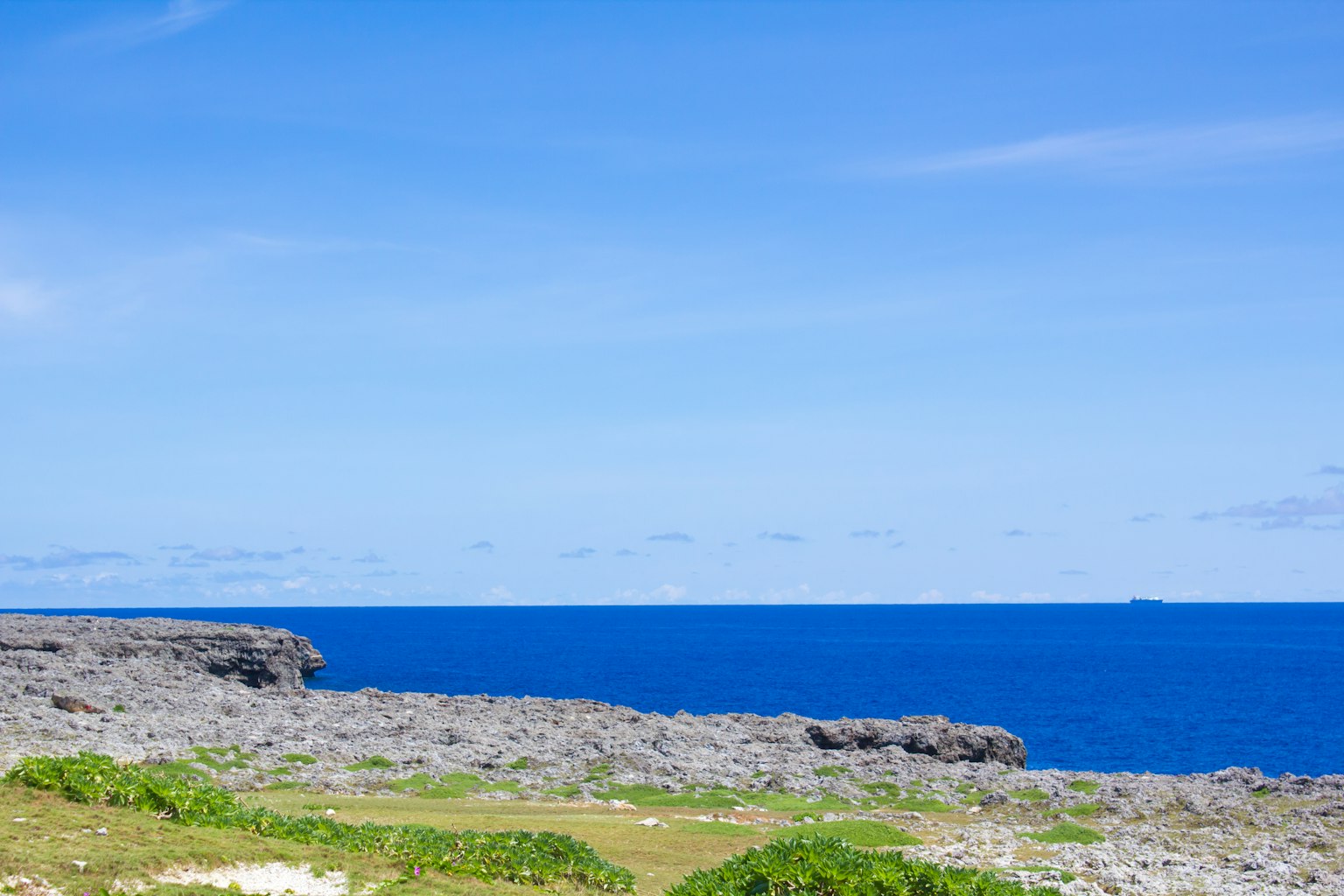 蓝色海洋和天空的风景 有岩石海岸和绿色草地