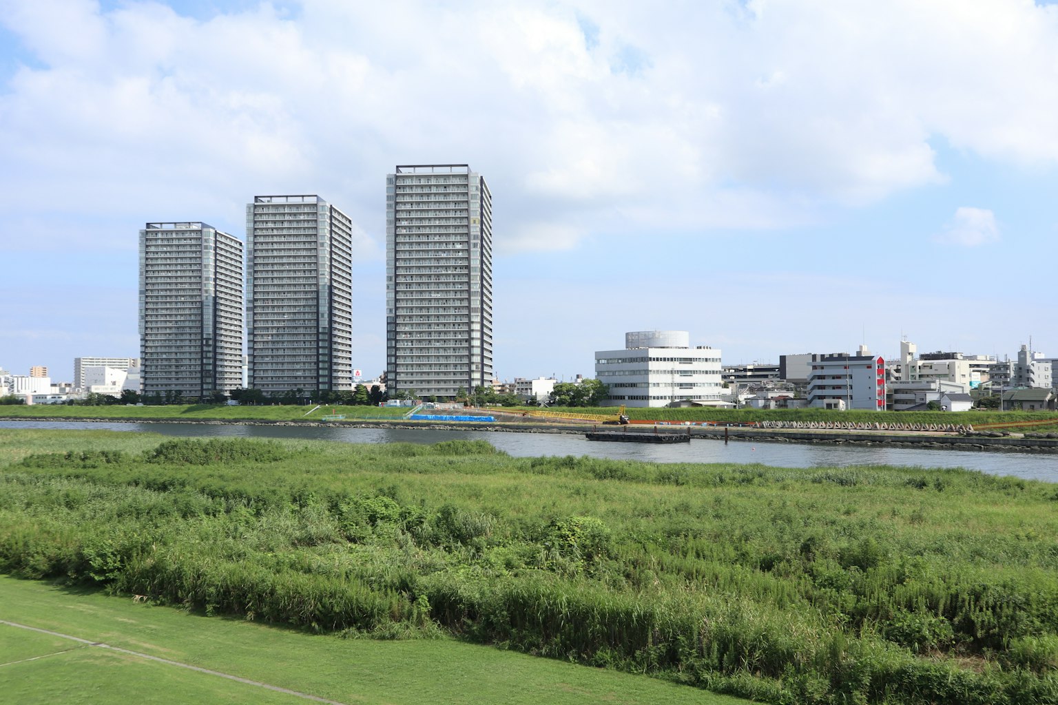Skyline cittadino con grattacieli accanto a un fiume e vegetazione