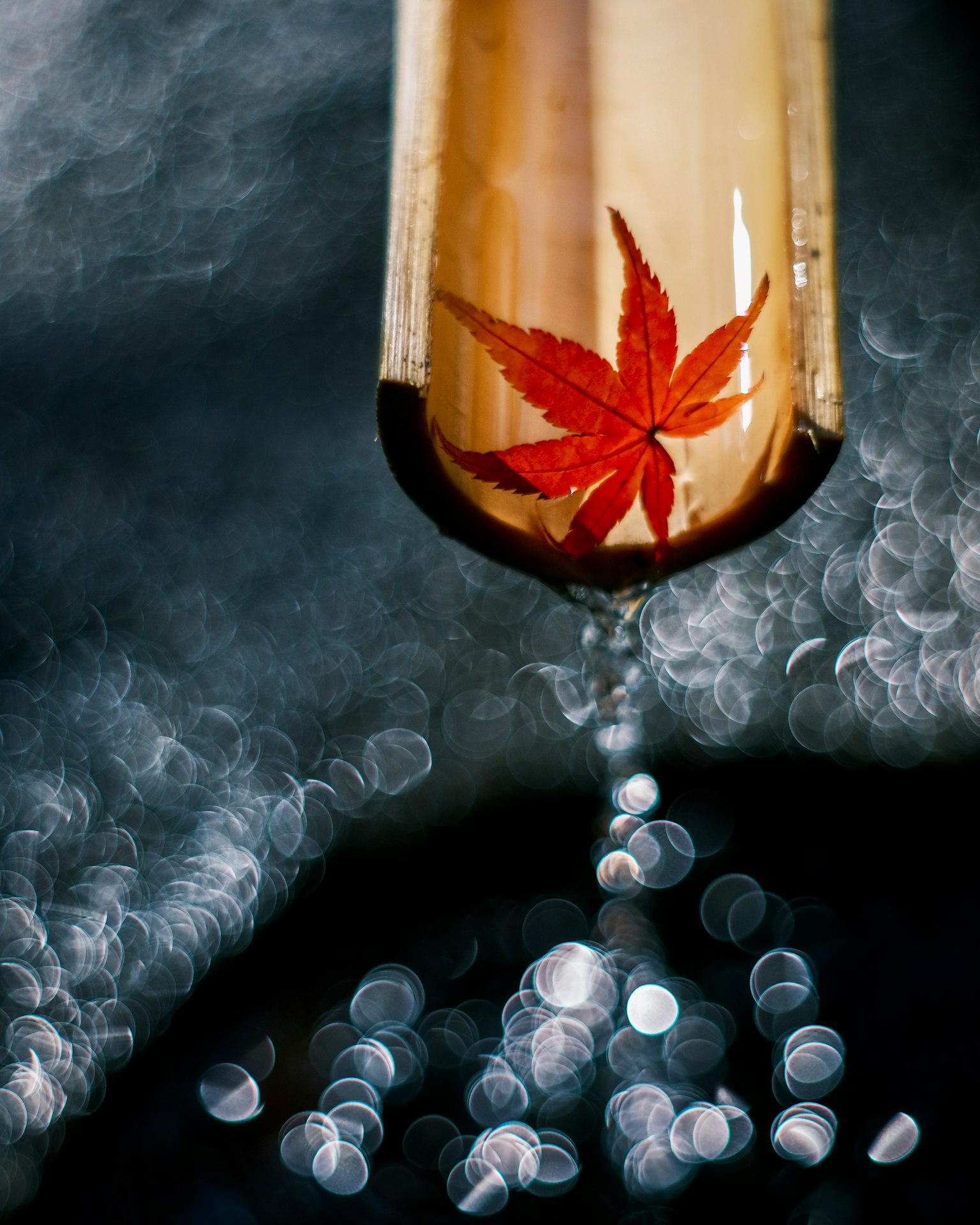 Un tube en bambou avec une feuille d'érable rouge et de l'eau qui s'écoule