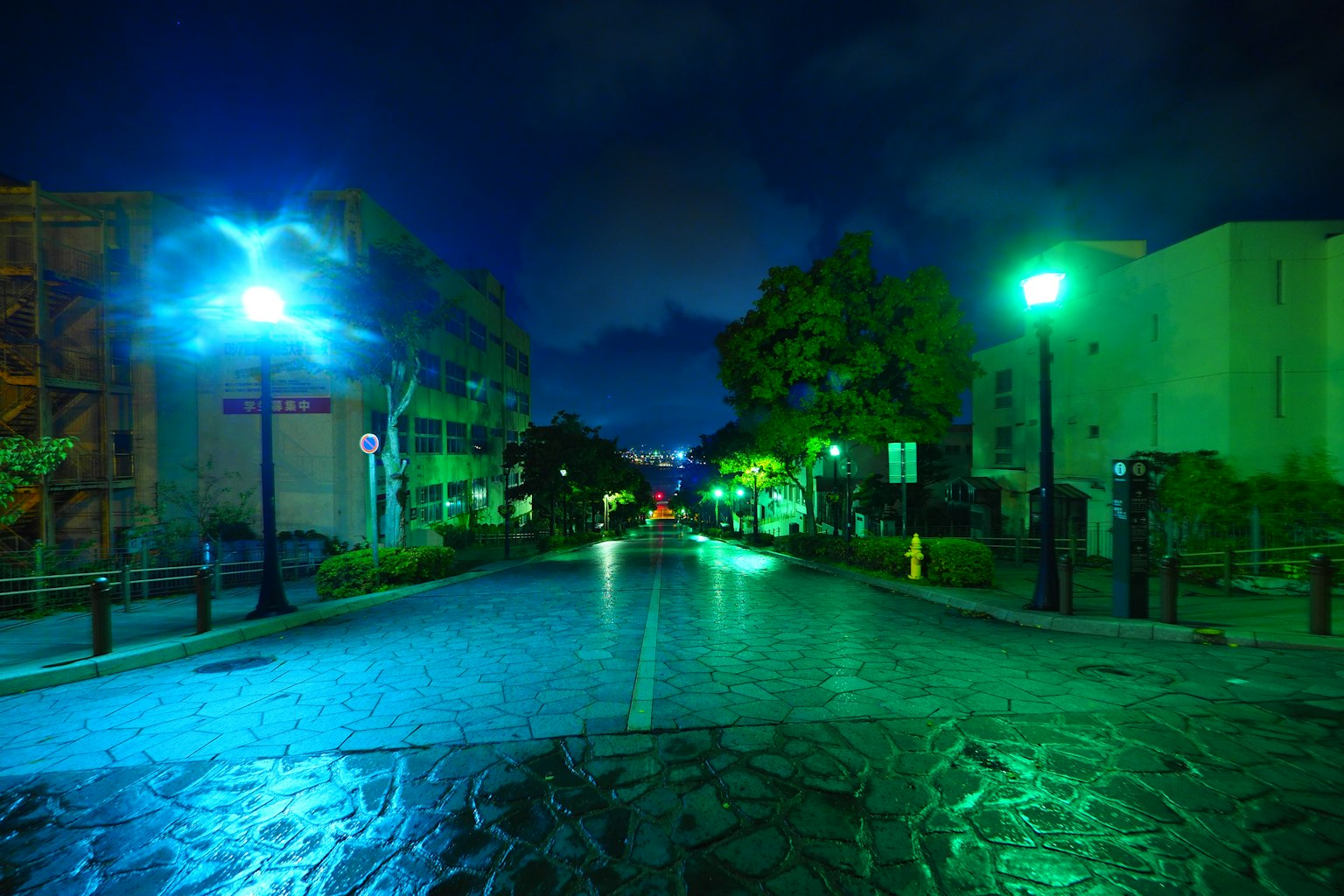 Strada notturna illuminata da lampioni verdi e strada tranquilla