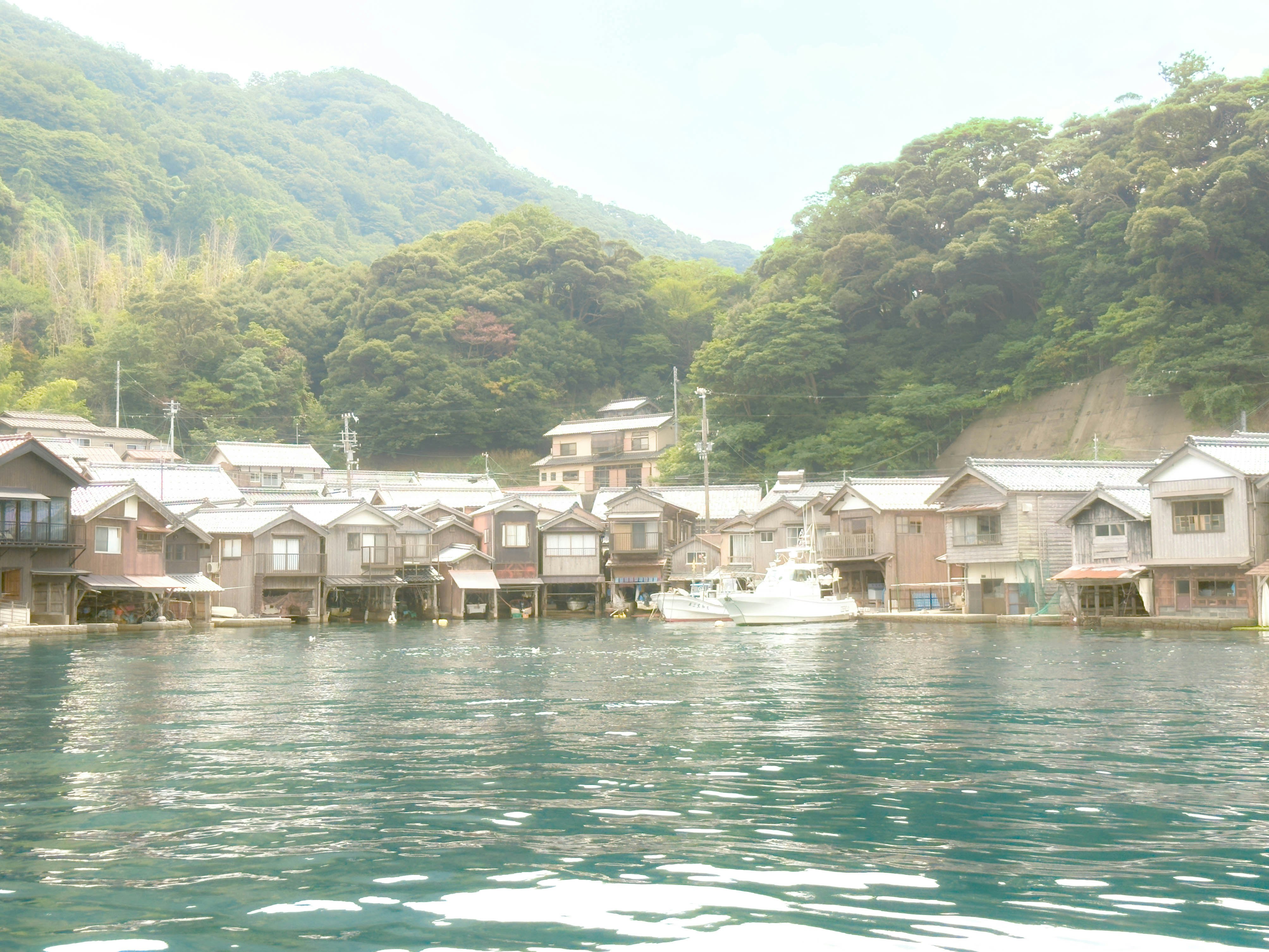 伊根の舟屋が並ぶ湾岸の水辺の集落
