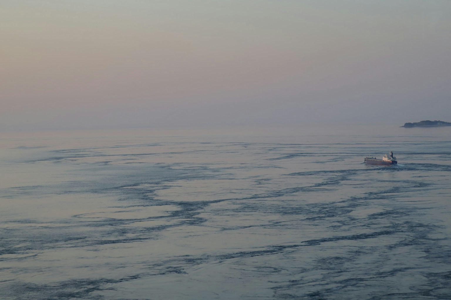 穏やかな海と淡い色合いの空を背景にした氷の浮かぶ水面