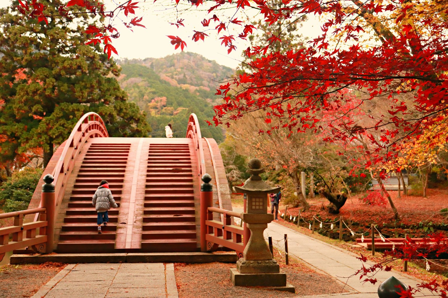 Puente rojo en un parque rodeado de follaje de otoño con una persona caminando