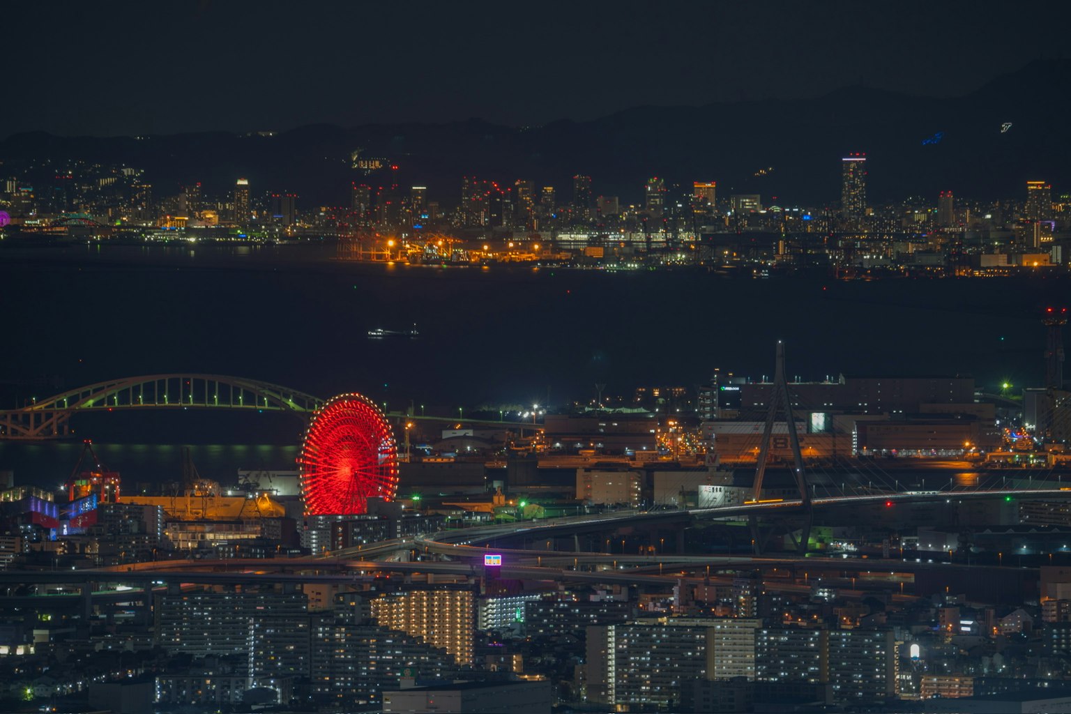 Night cityscape featuring a red ferris wheel and illuminated skyline