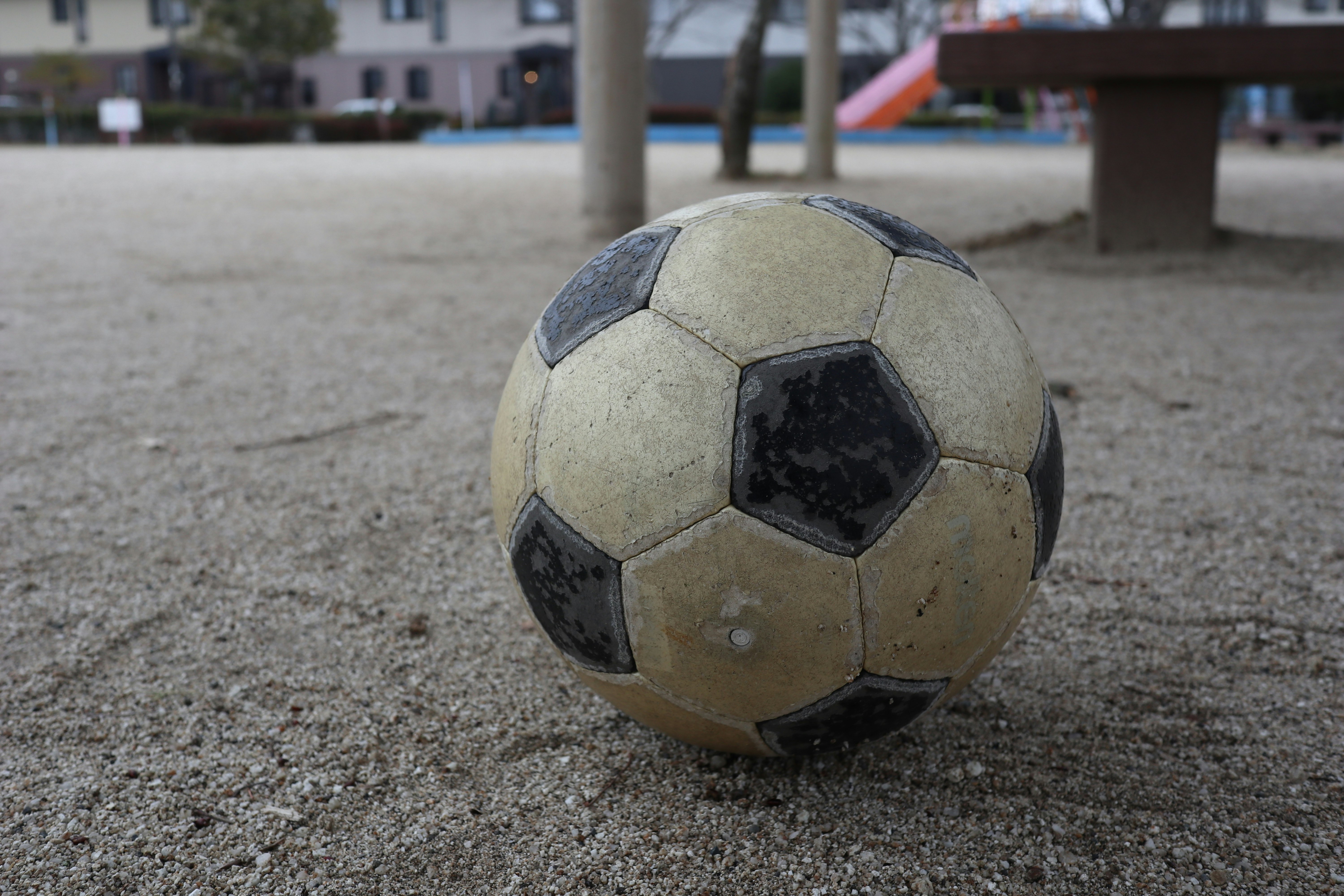 公園の地面に転がるサッカーボール