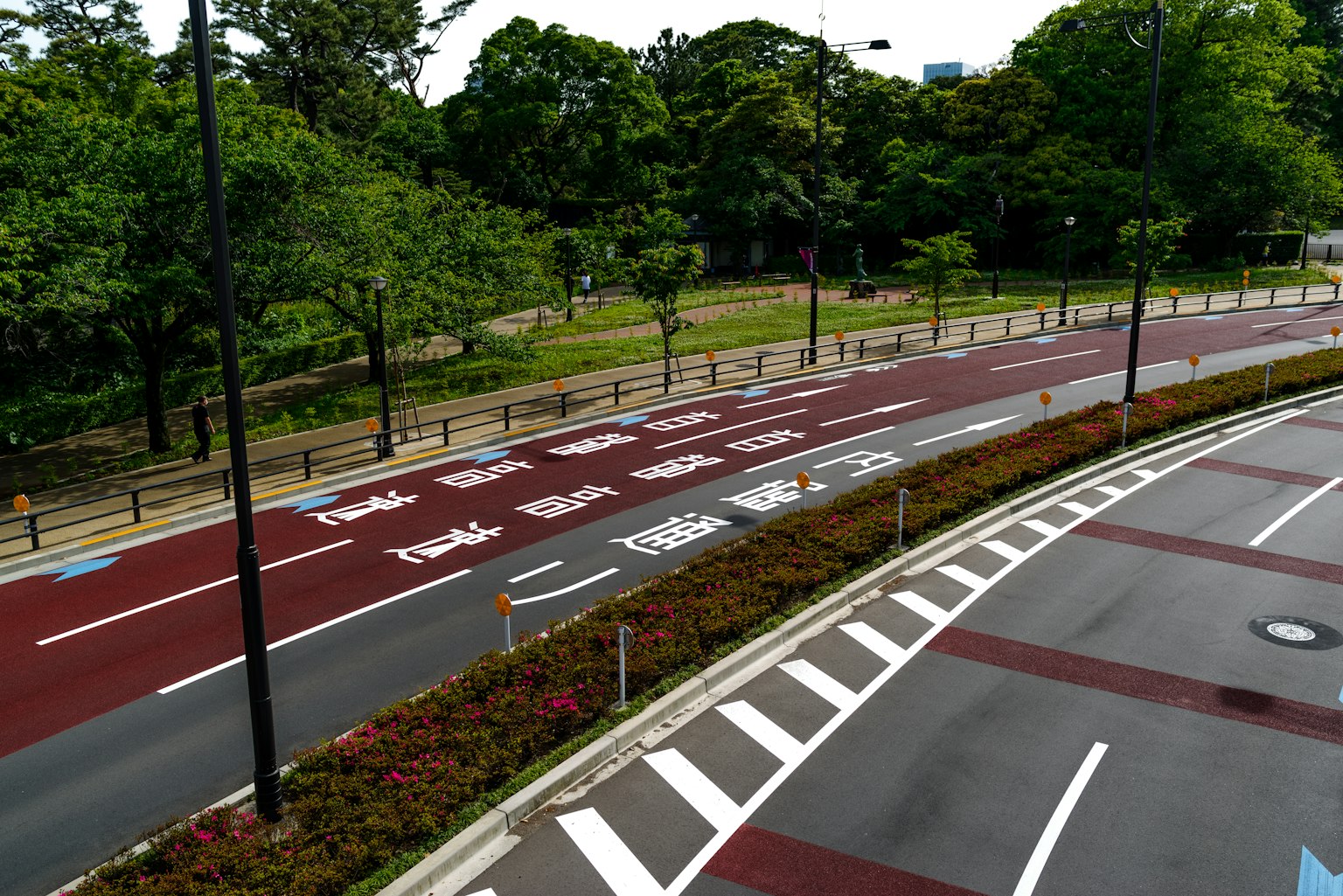 红色铺路和绿色树木环绕的公园风景