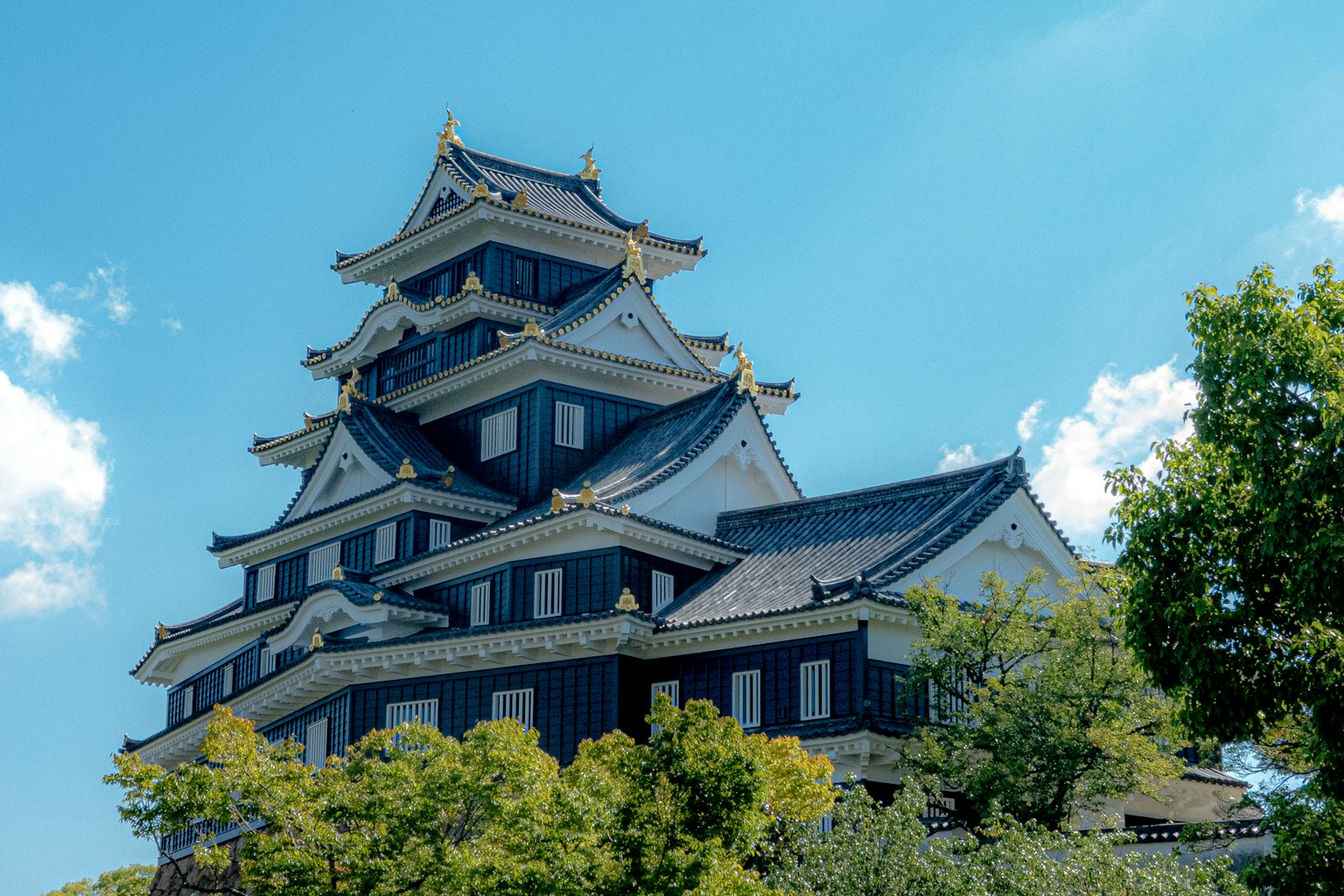 A beautiful black and white castle stands under a blue sky