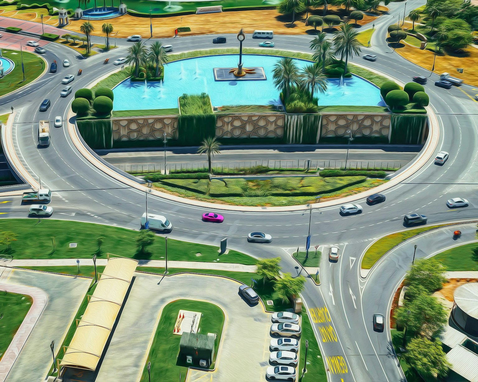 Aerial view of a roundabout with a fountain and palm trees in the center