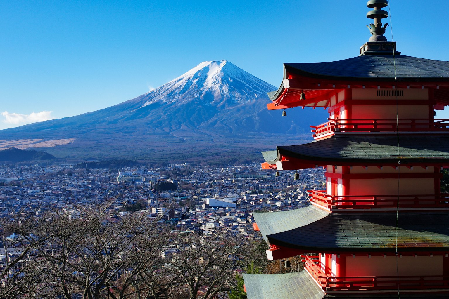 Scenic view of Mount Fuji and a red five-story pagoda