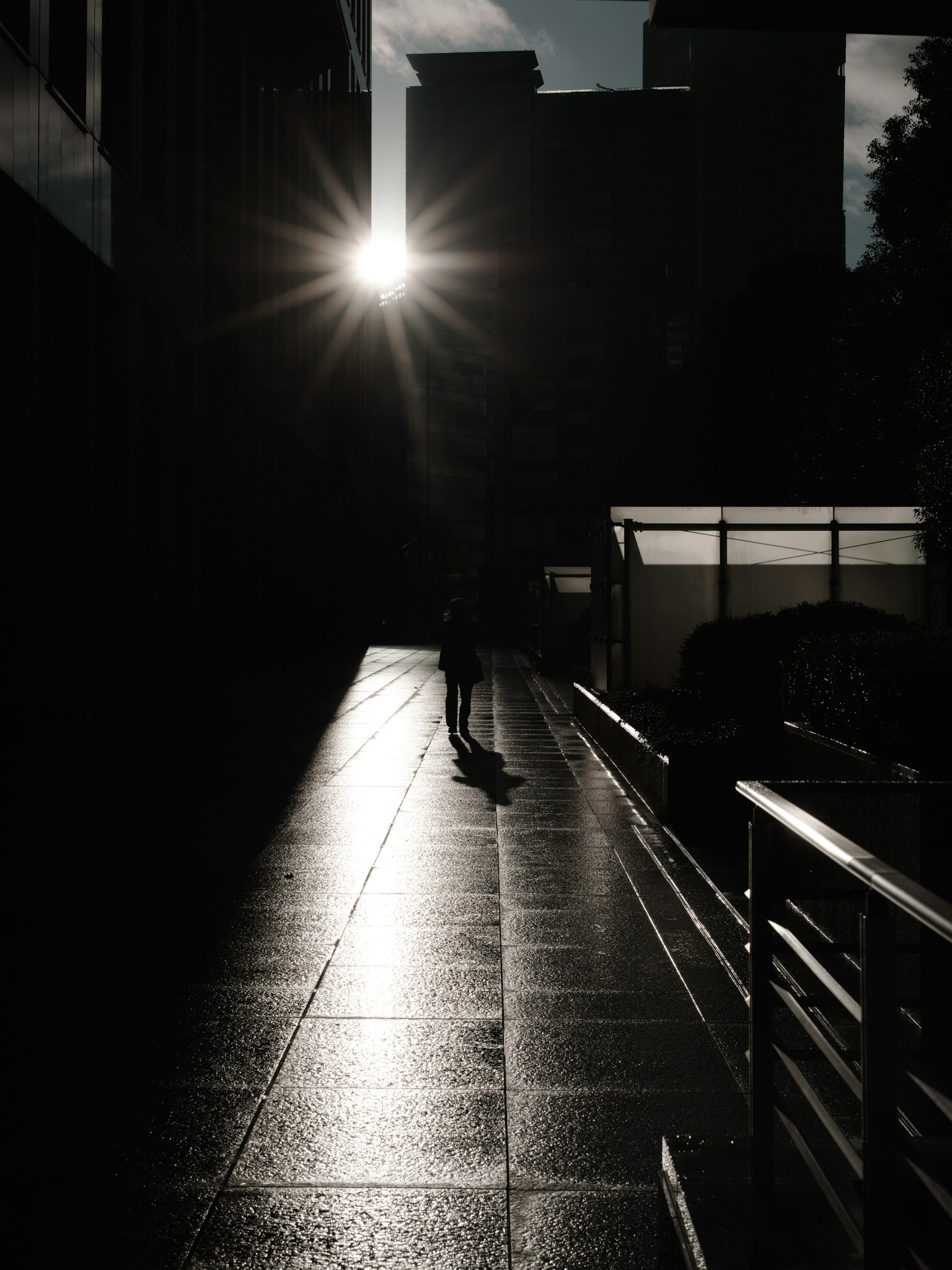A person walking in shadow with the sunset behind
