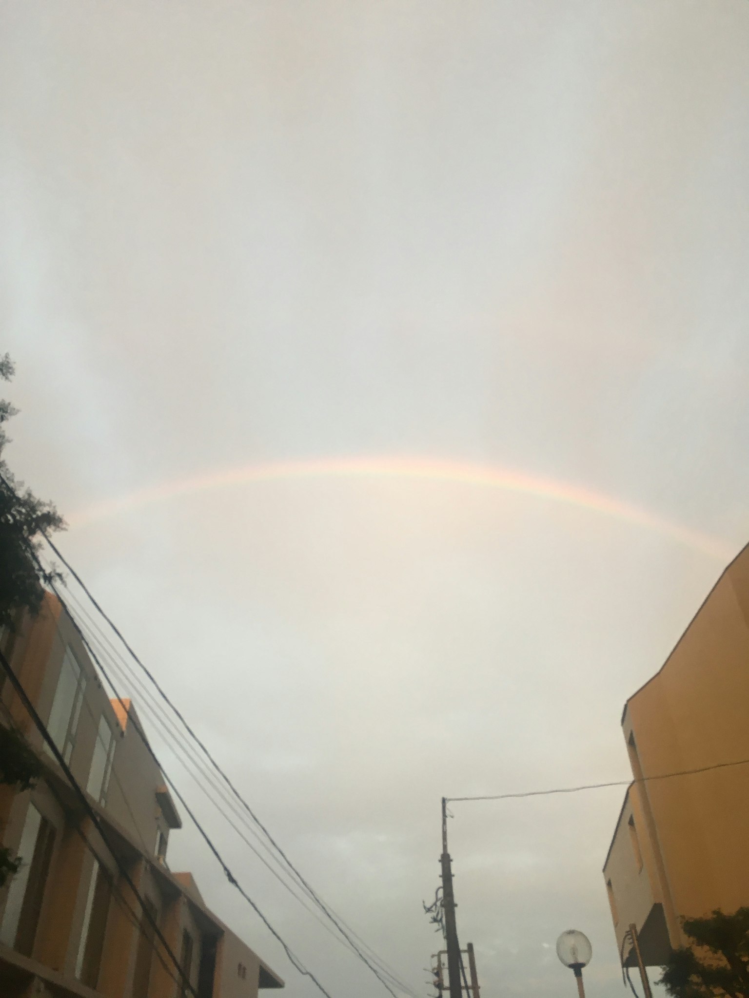Blasser Regenbogen über einem bewölkten Himmel und Silhouetten von Gebäuden
