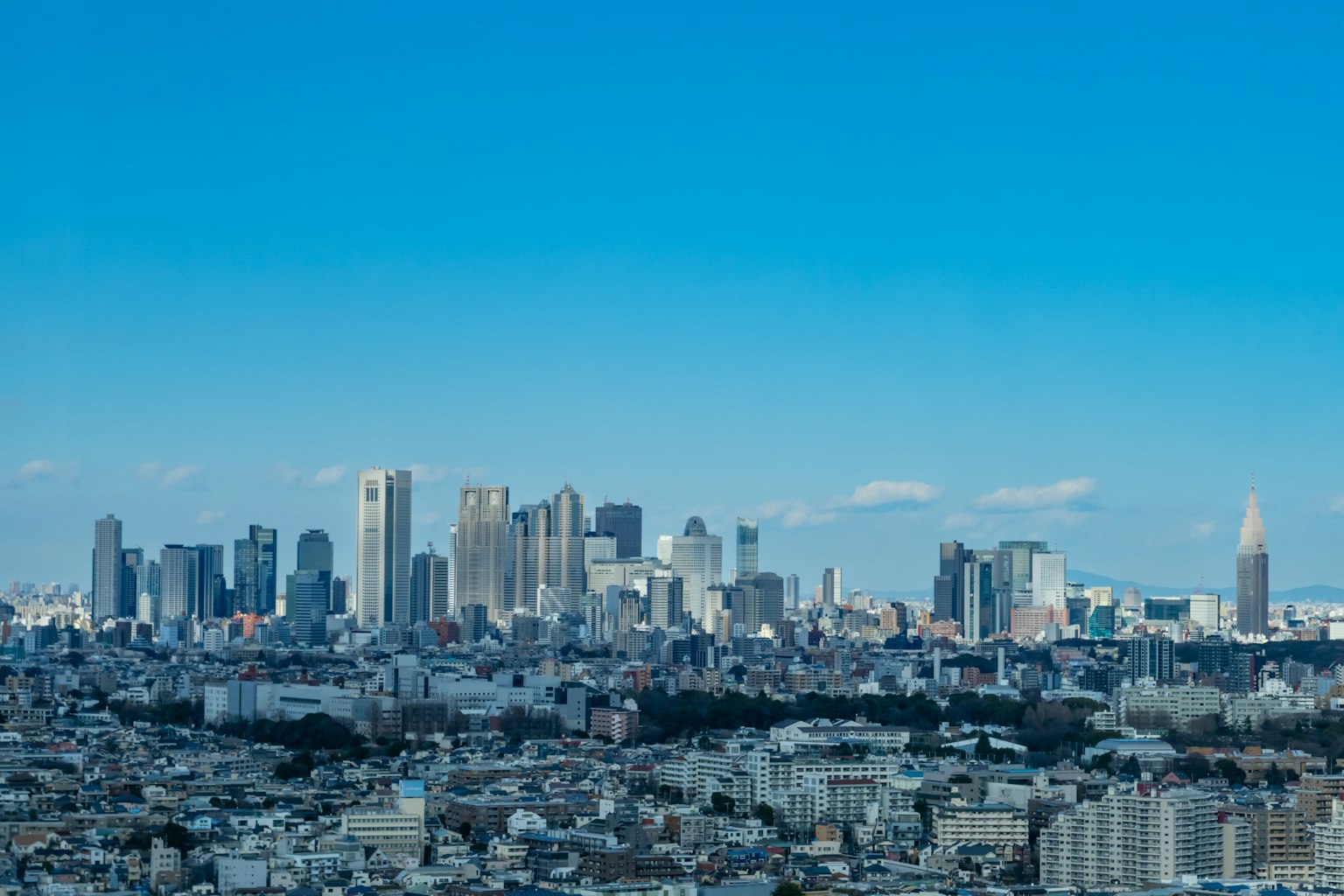 Vista dello skyline di Tokyo con grattacieli sotto un cielo blu chiaro