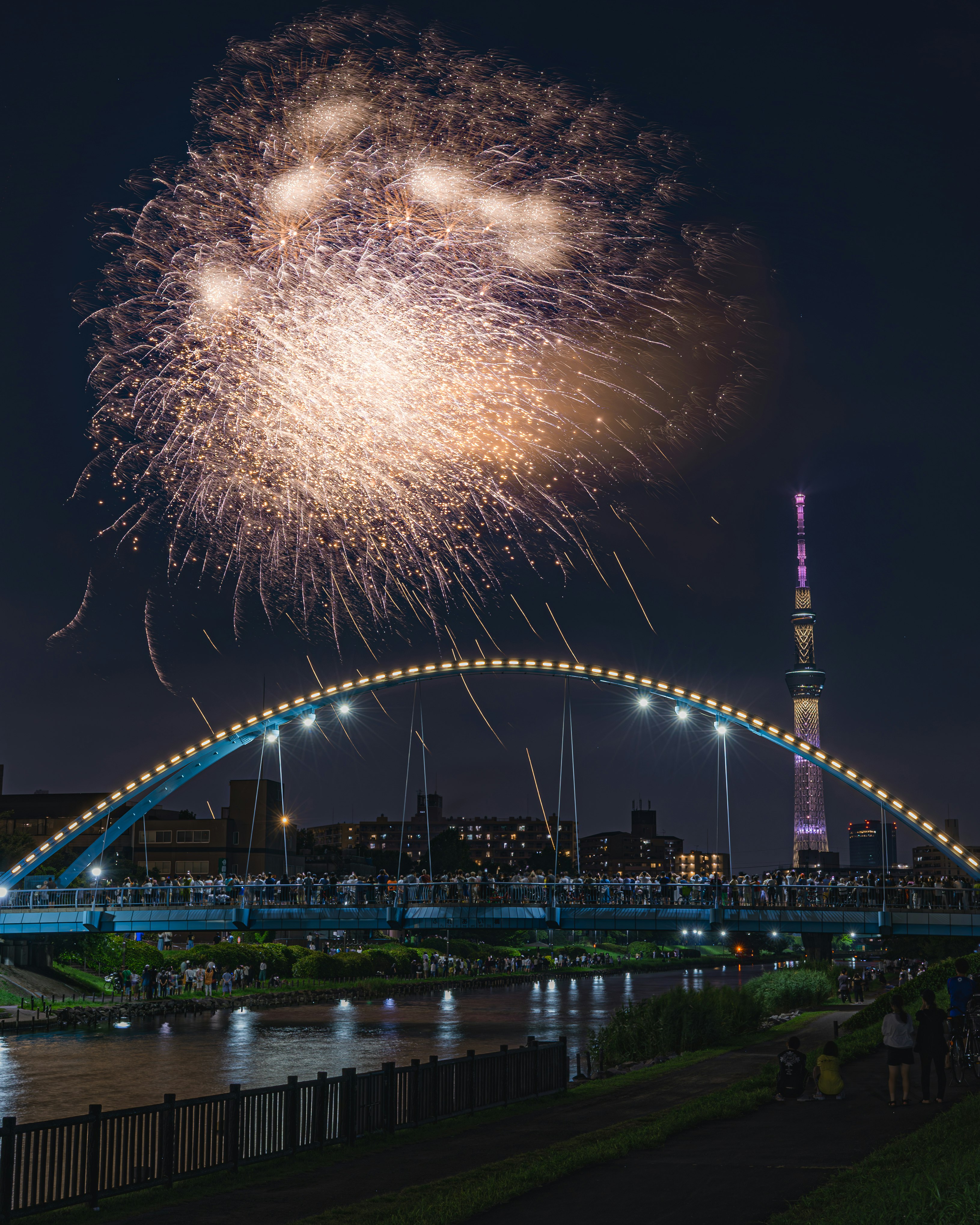 夜空に咲く花火とライトアップされた橋、川沿いの風景