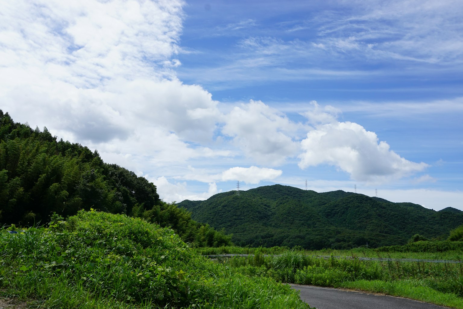 郁郁葱葱的山脉在蓝天和白云下的风景