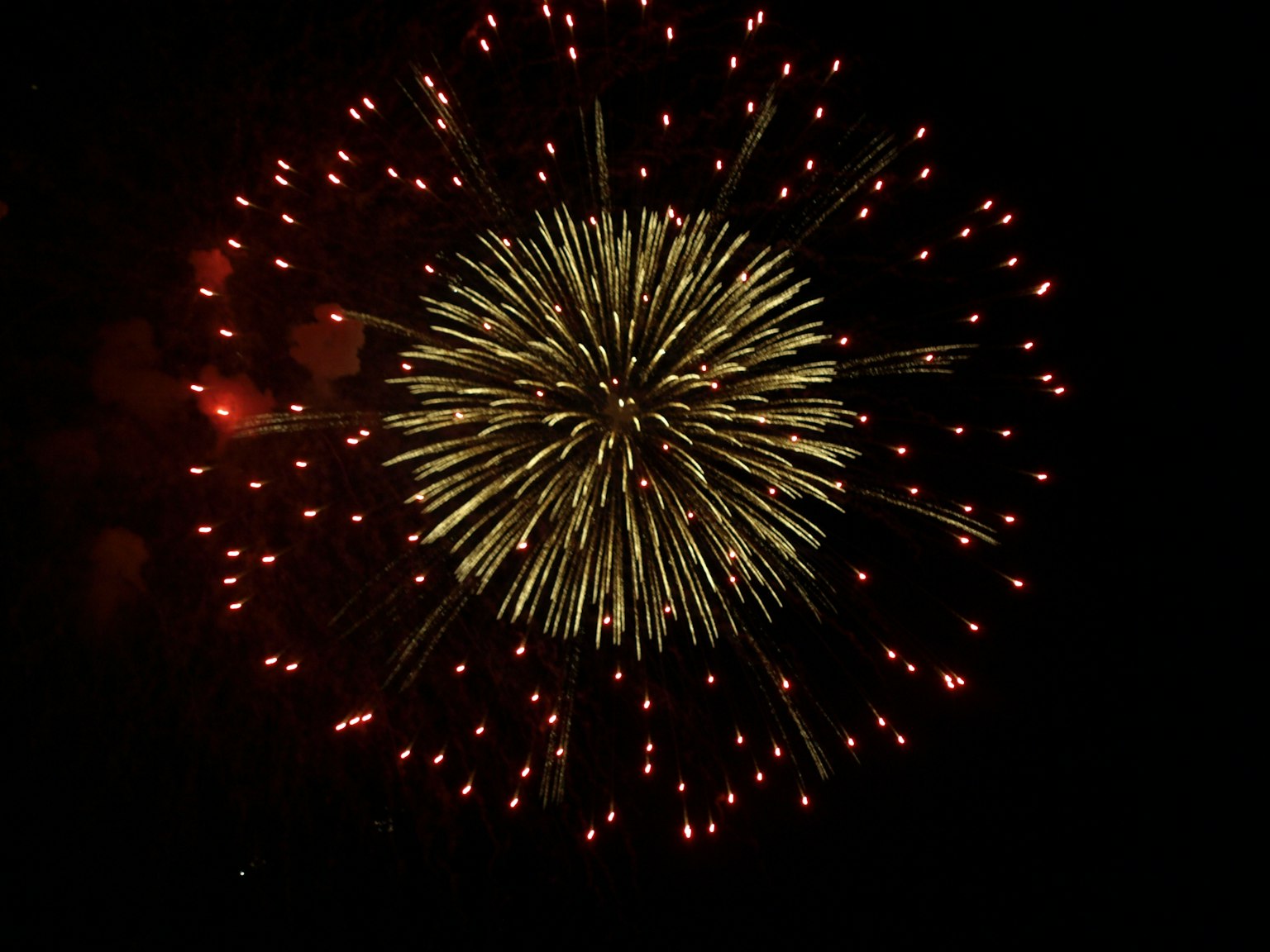 Fuegos artificiales vibrantes estallando en el cielo nocturno con luces rojas y amarillas