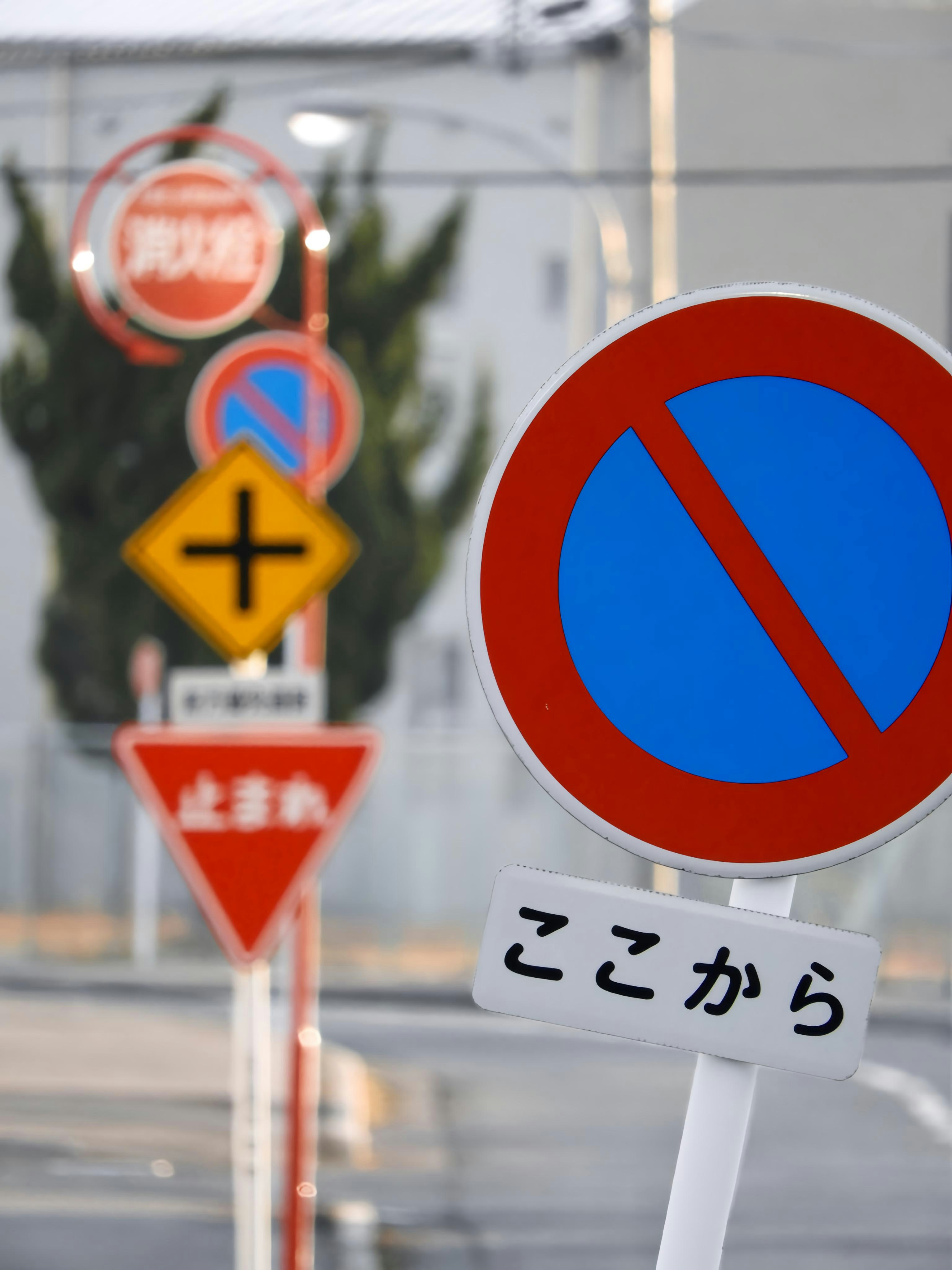 ガラス越しの「ここから」標識と進入禁止の円形表示