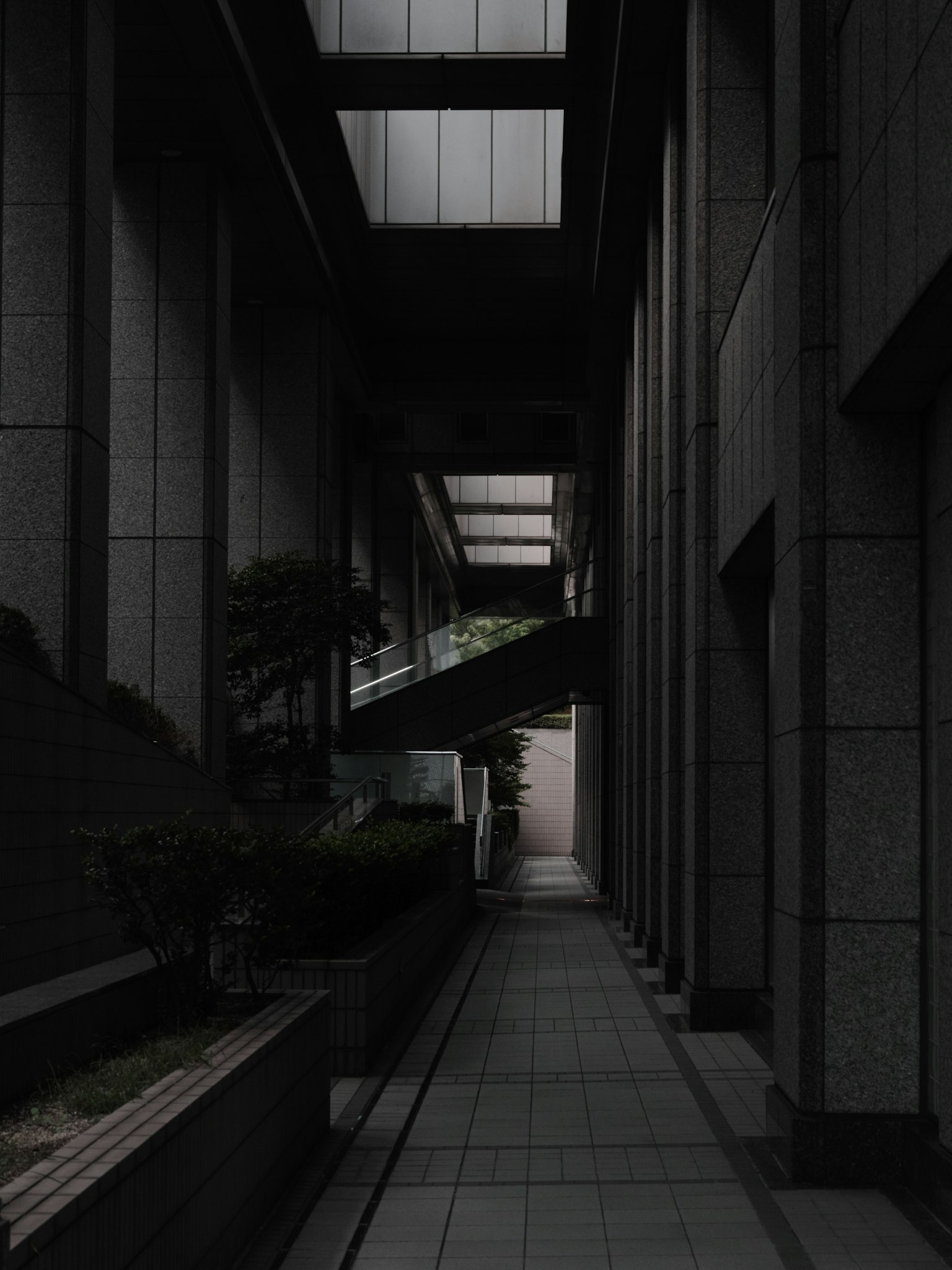 現代建築內部，特色為黑暗走廊和高牆