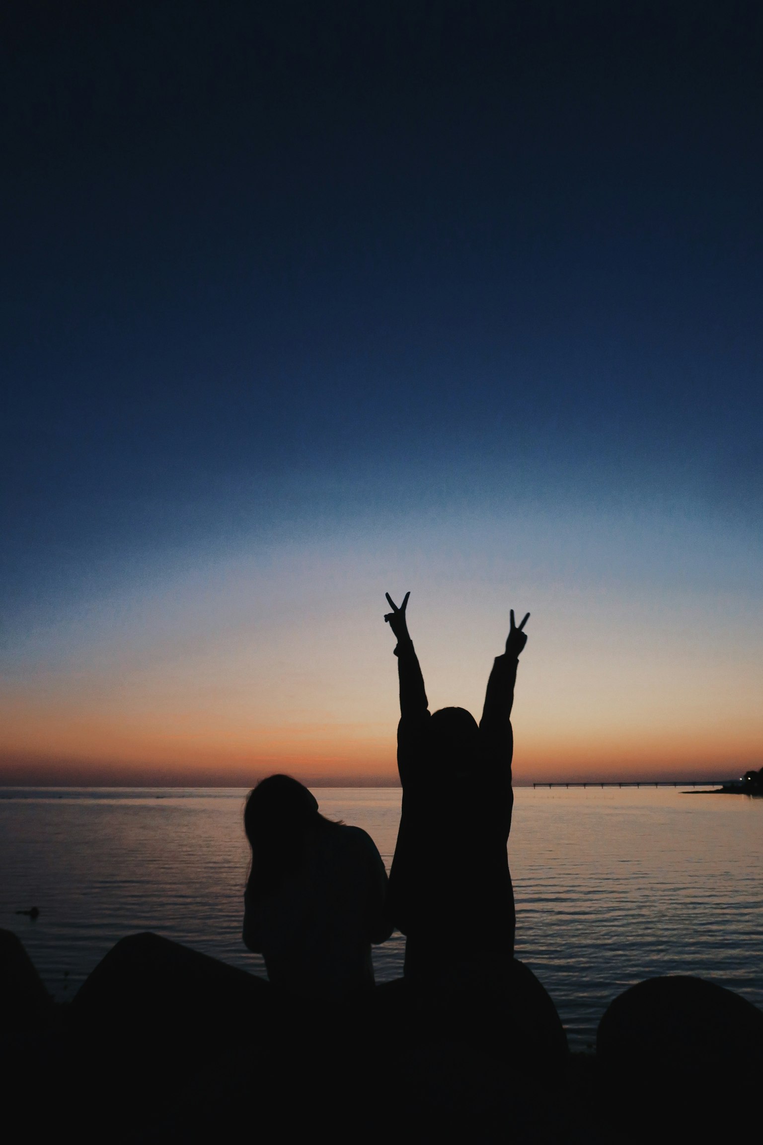 Silhouette di due persone che si godono il mare al tramonto