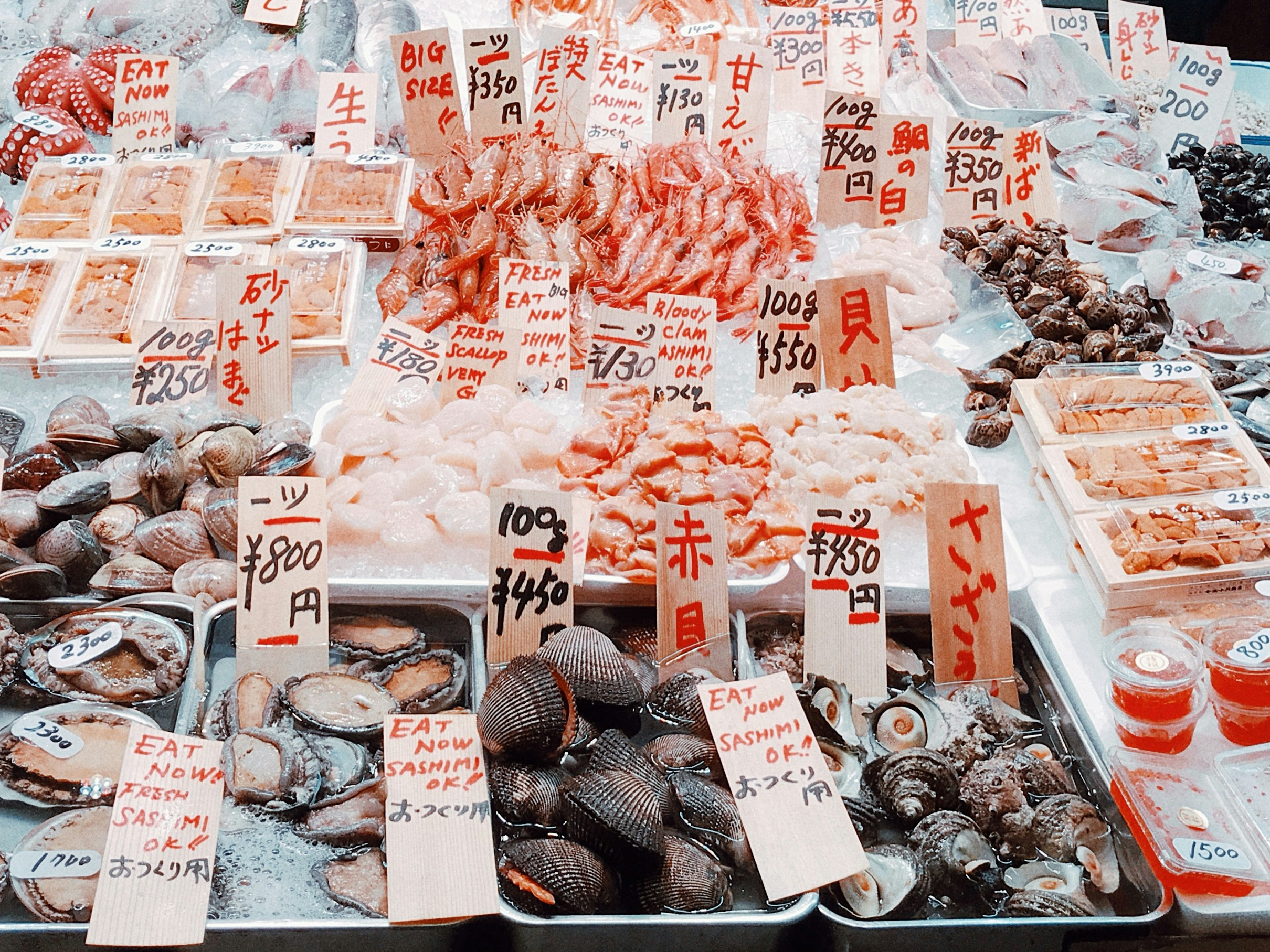 seafood stall with assorted fish and shellfish