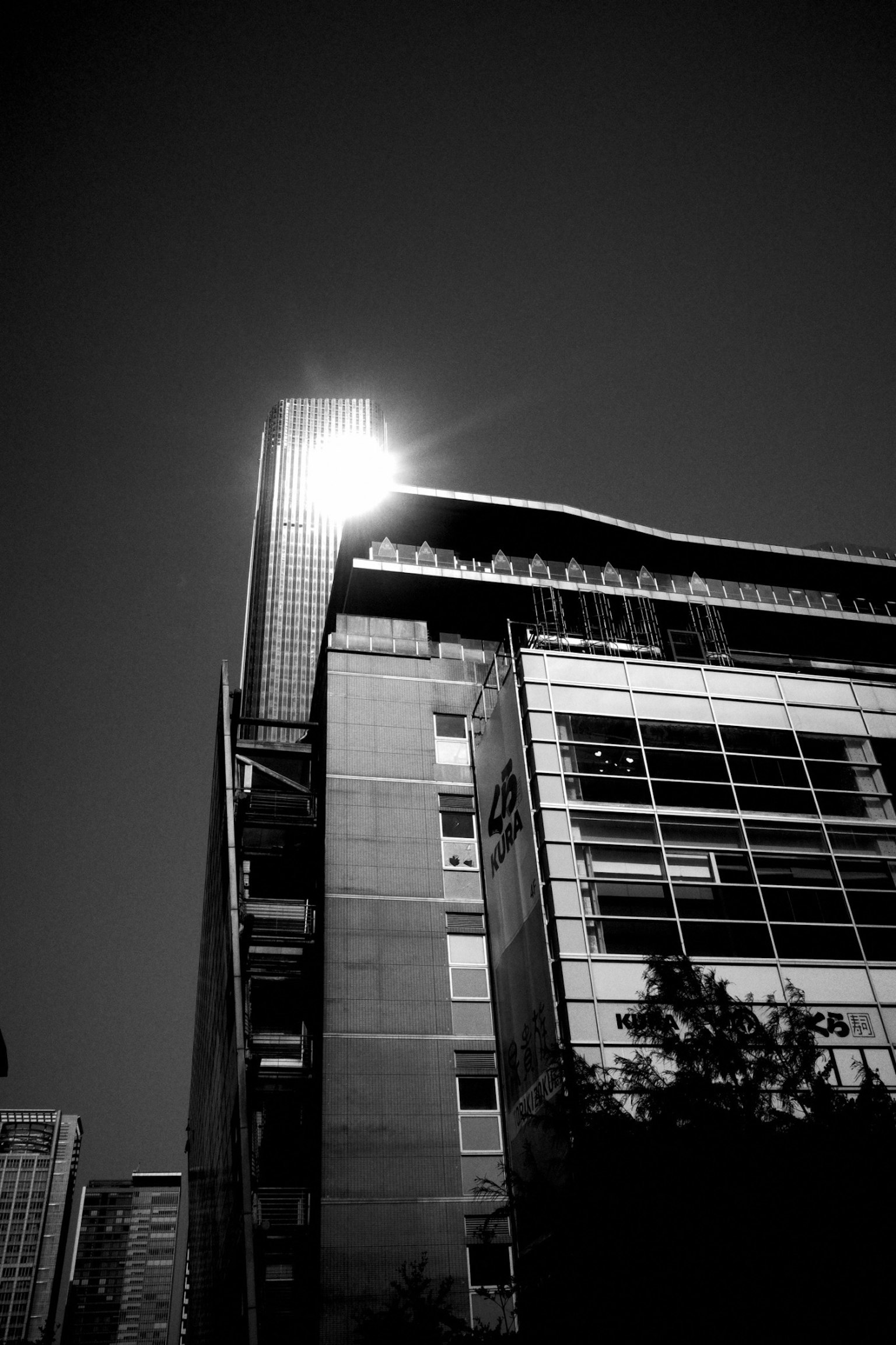 高層ビルの上部に光が反射しているモノクロ写真