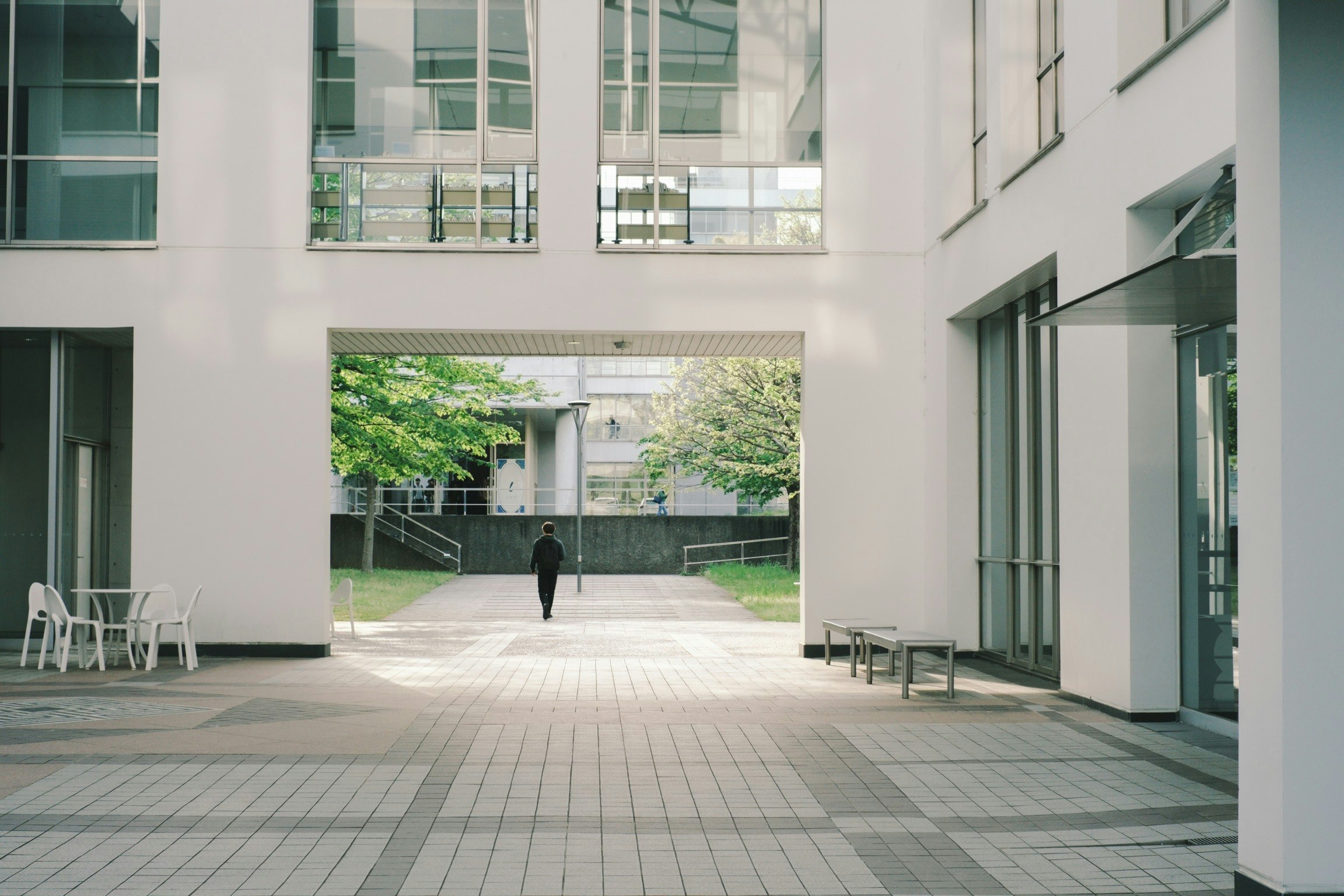 campus walkway leading to a courtyard with benches
