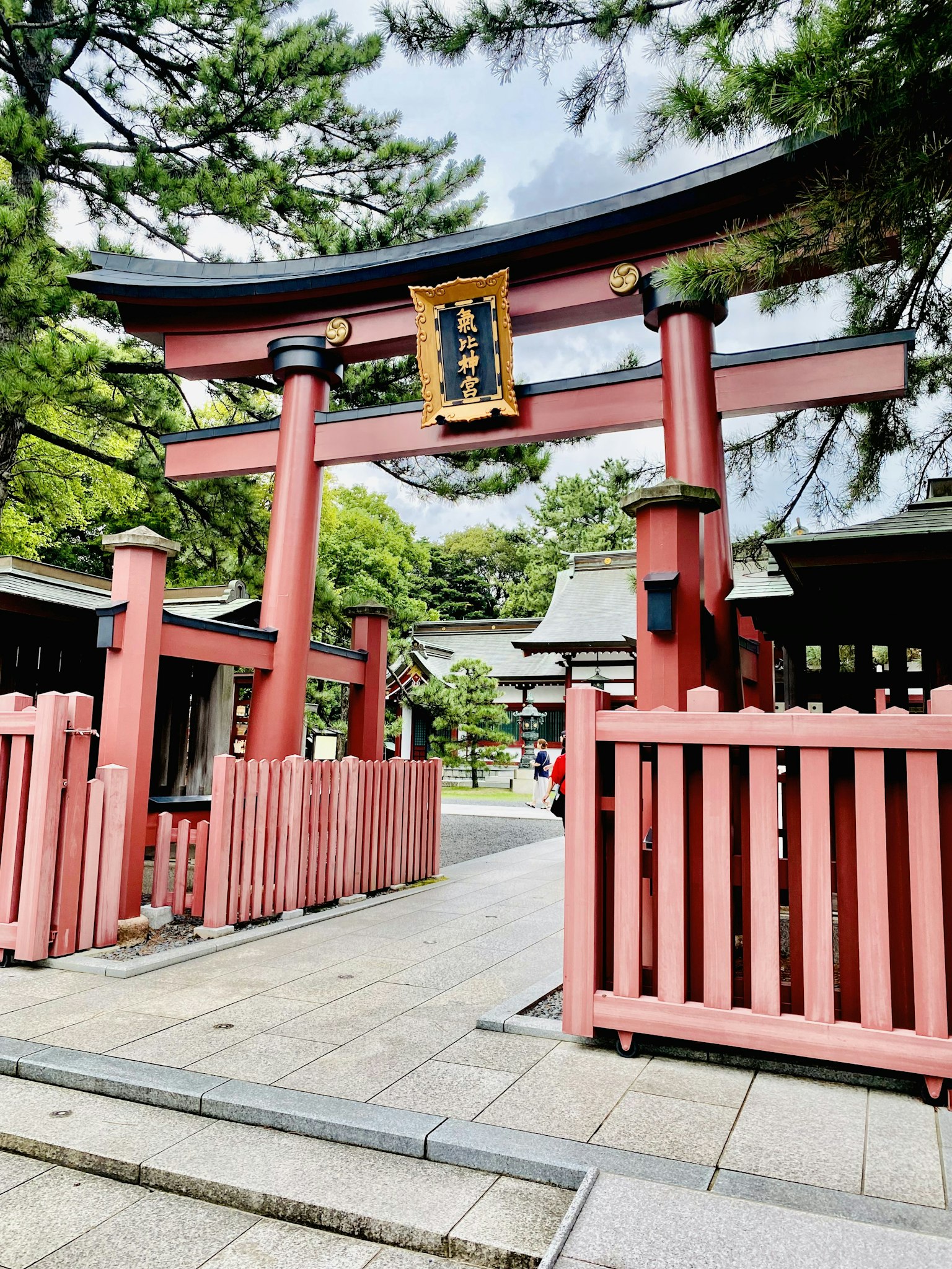 神社入口，红色鸟居和周围的树木