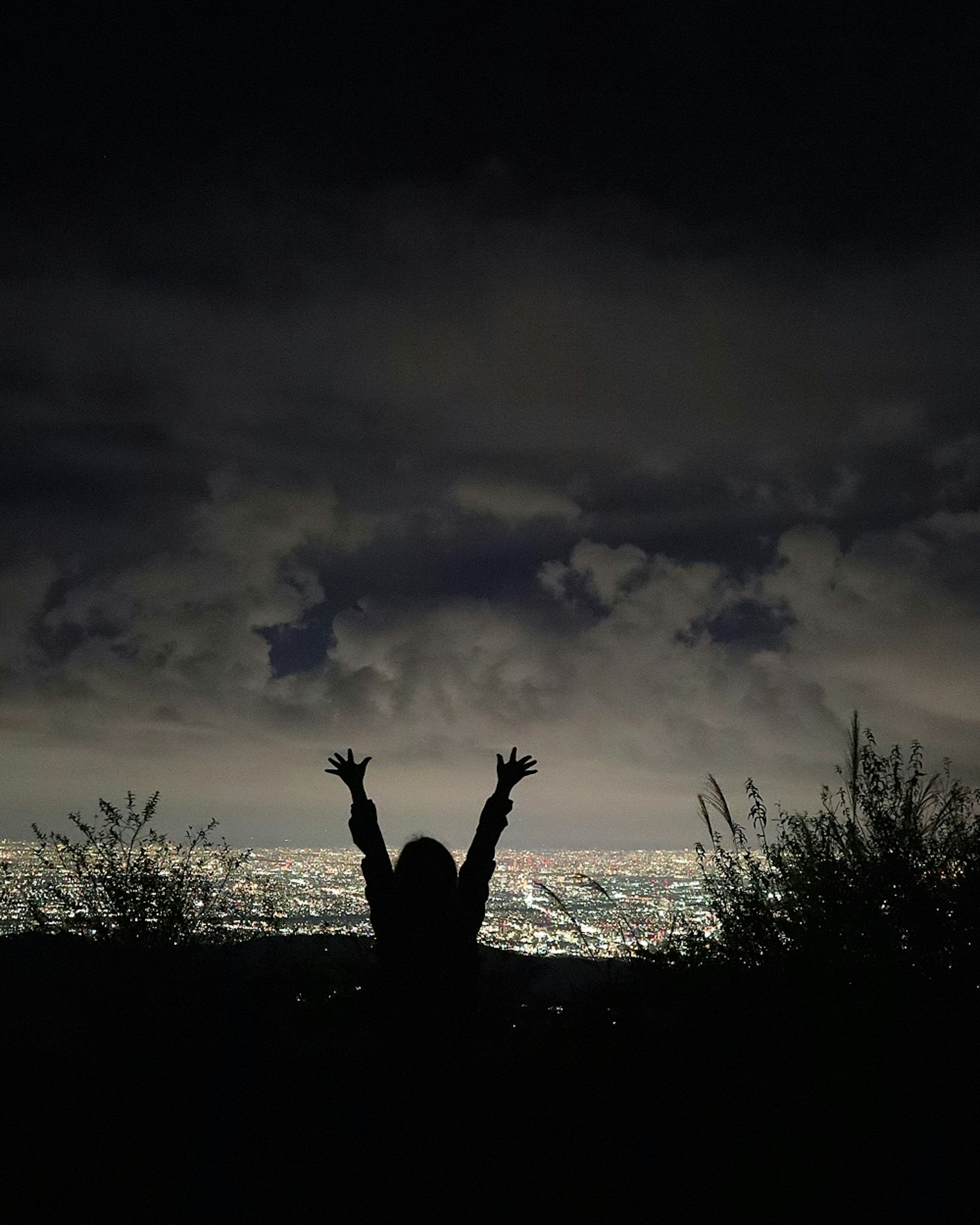 Silhouette einer Person, die die Arme gegen eine nächtliche Stadtlandschaft hebt