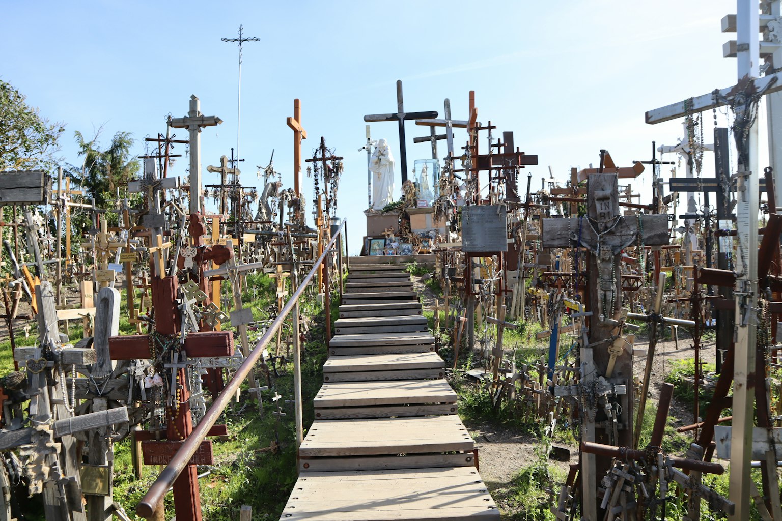 Paisaje de un cementerio con numerosas cruces, con hierba verde y un camino de madera