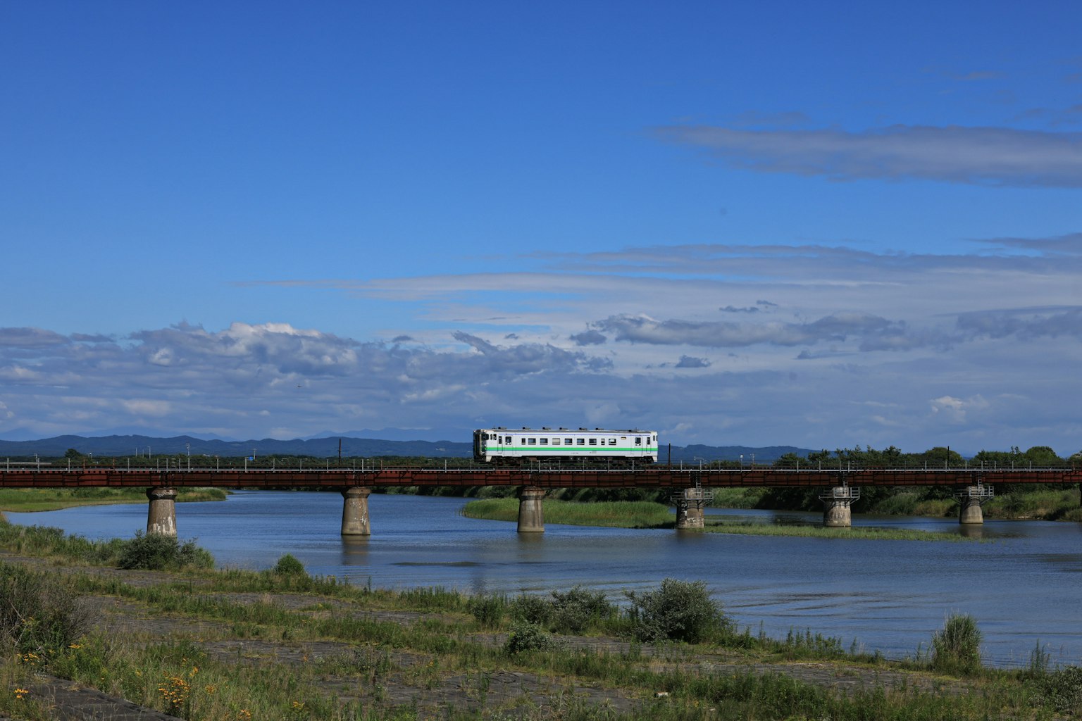Scena di un treno verde che attraversa un fiume sotto un cielo blu