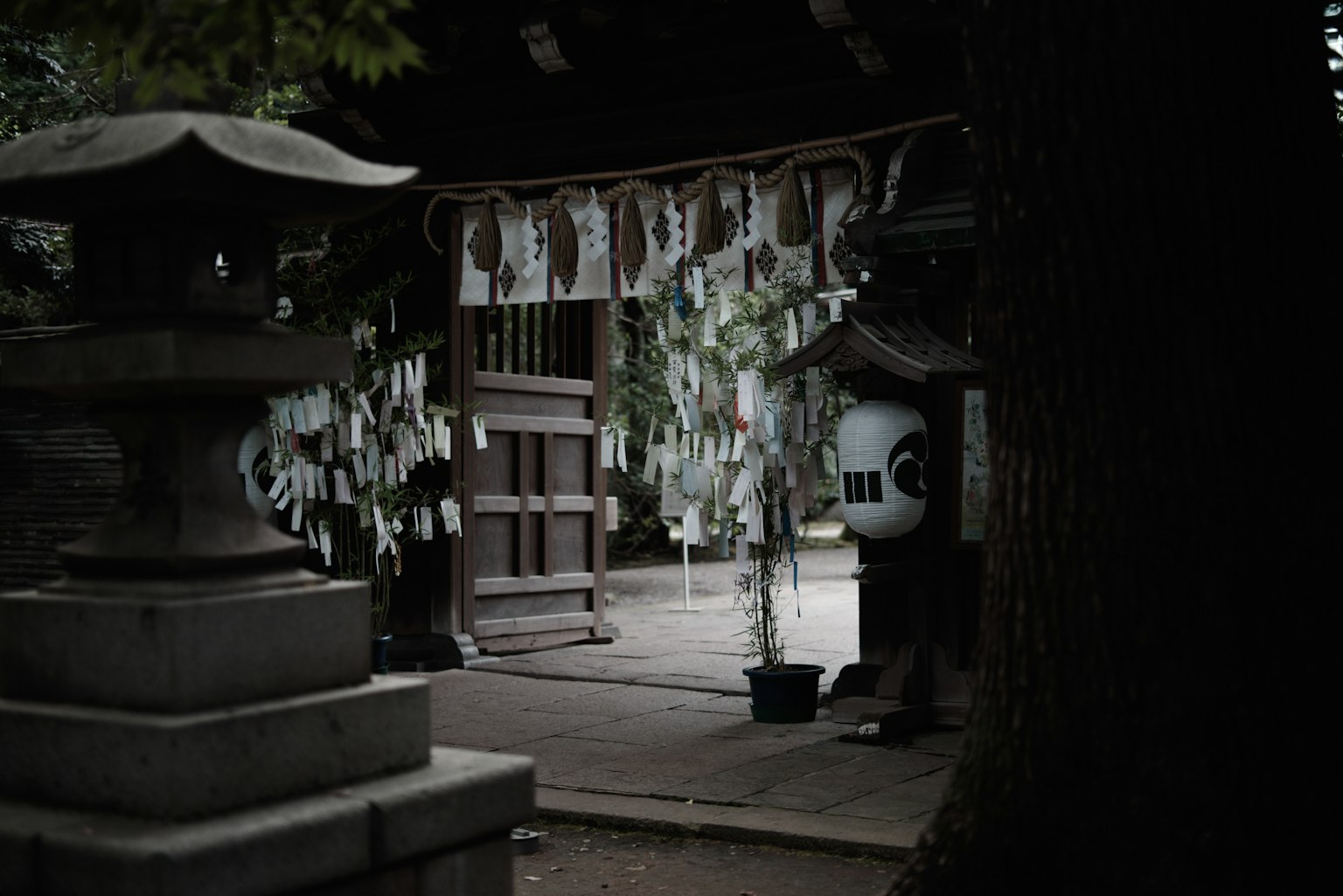 Eingang eines Schreins mit hängenden Omikuji und einer Steingaslampe