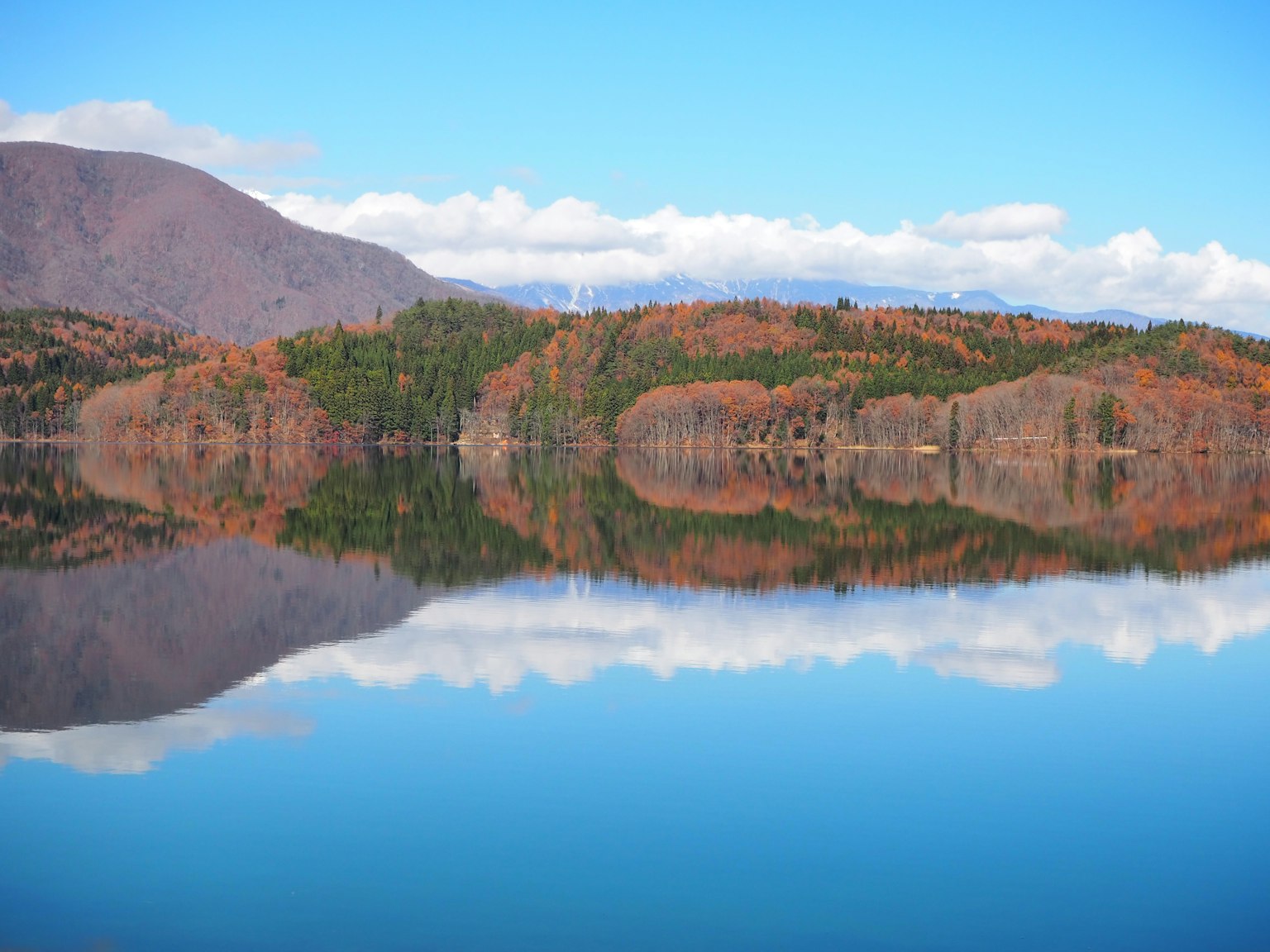 Scenic view of a lake reflecting autumn foliage and mountains