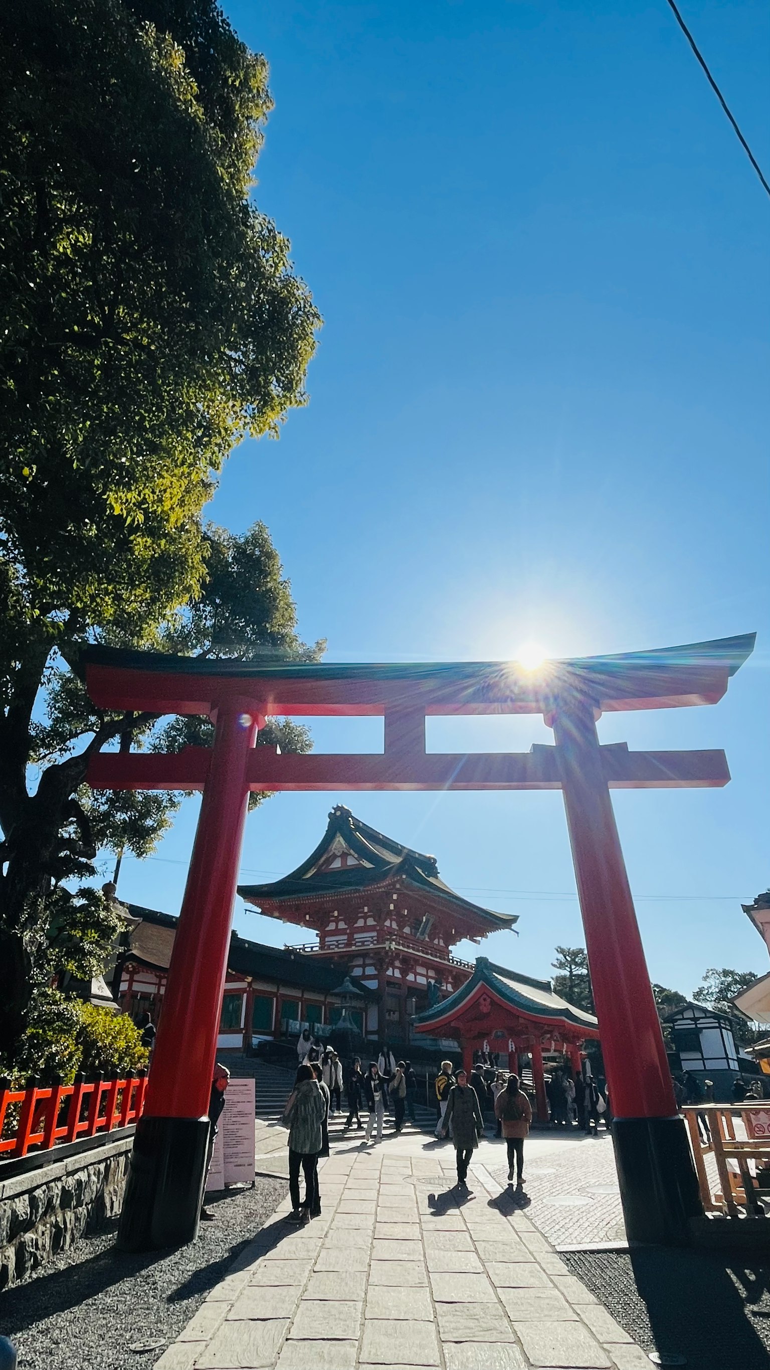 Portale torii rosso con un santuario sullo sfondo sotto un cielo blu sereno