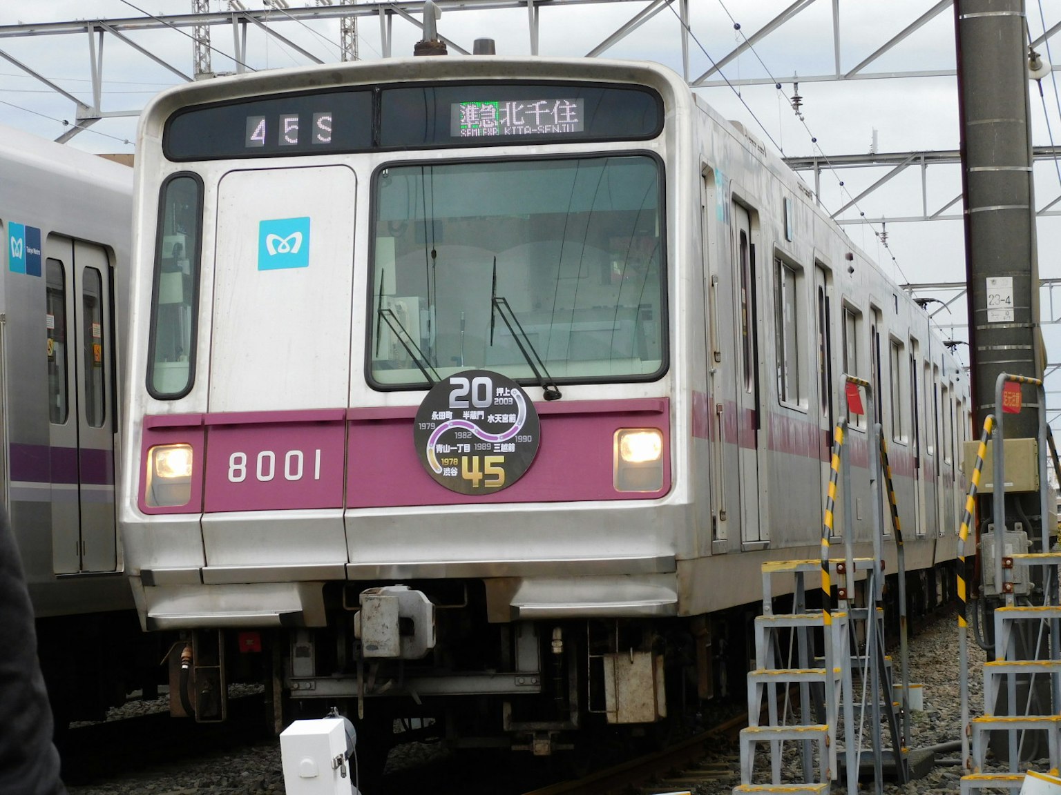Treno numero 8001 parcheggiato con una striscia viola e uno striscione del 20° anniversario
