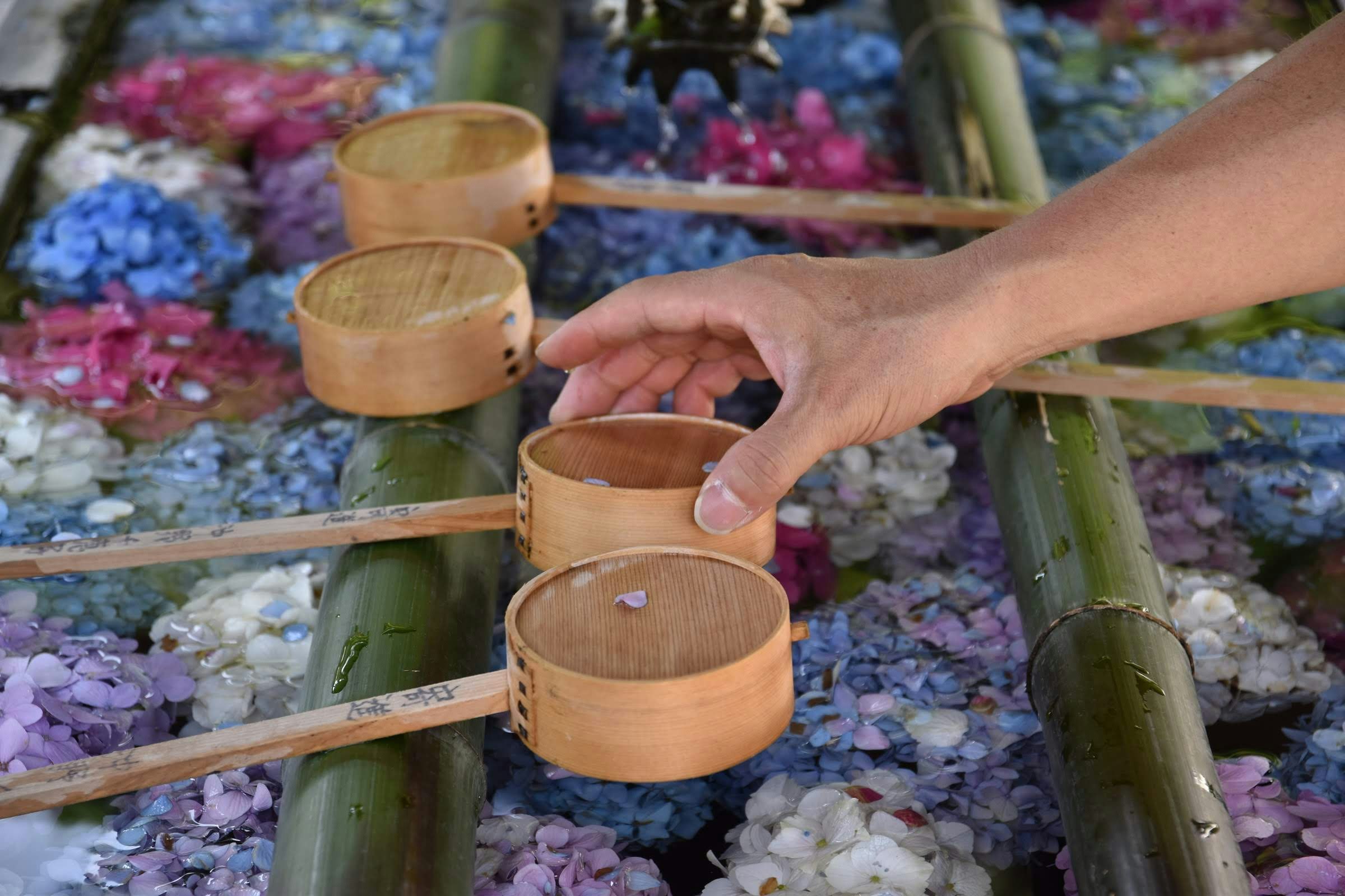 hands pouring water into bamboo ladles at a flower-filled temizuya scene