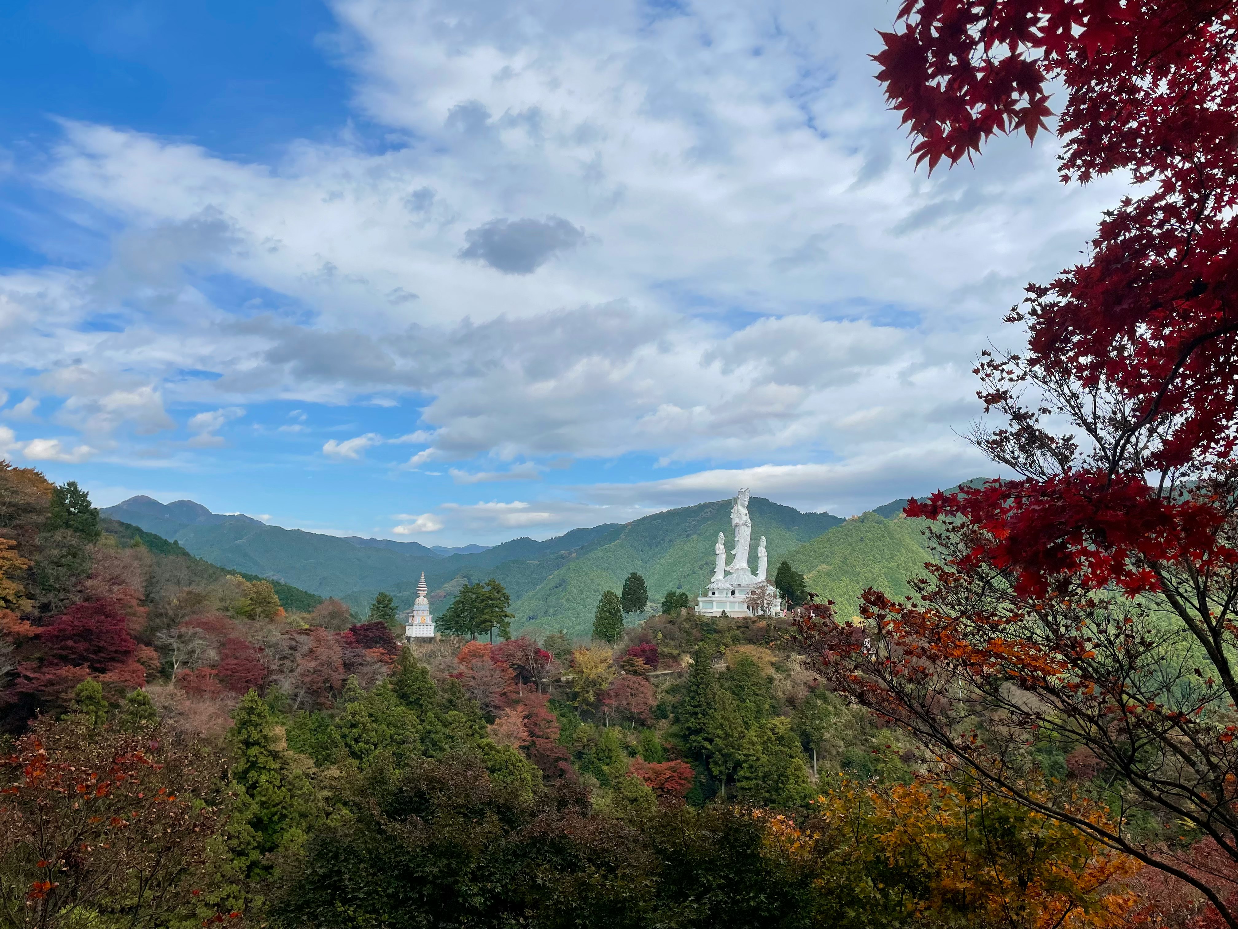 紅葉の並木と山並み、白い寺院の塔が見える景色