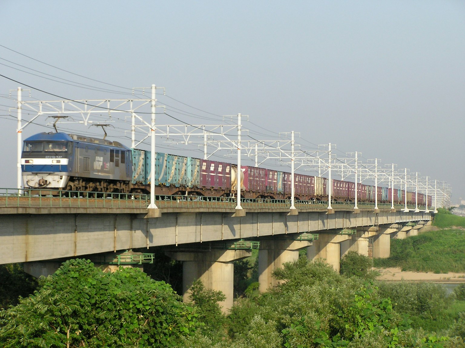 Tren de carga cruzando un puente con vegetación exuberante de fondo