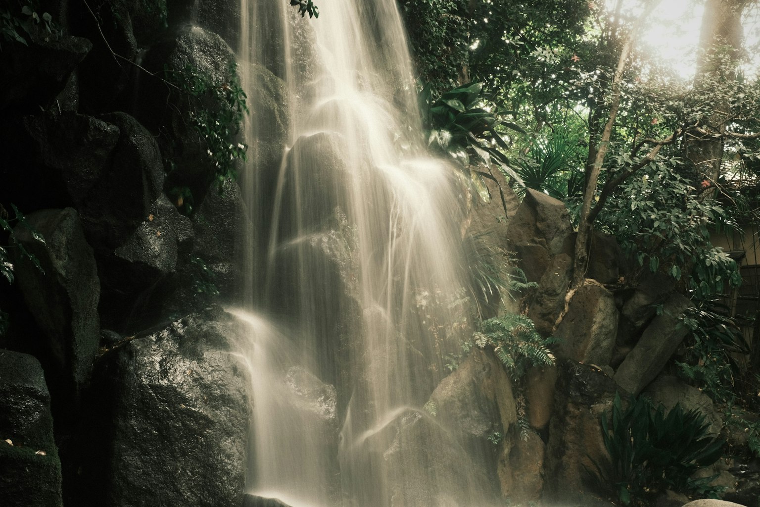 Air terjun yang indah di hutan lebat dengan batu