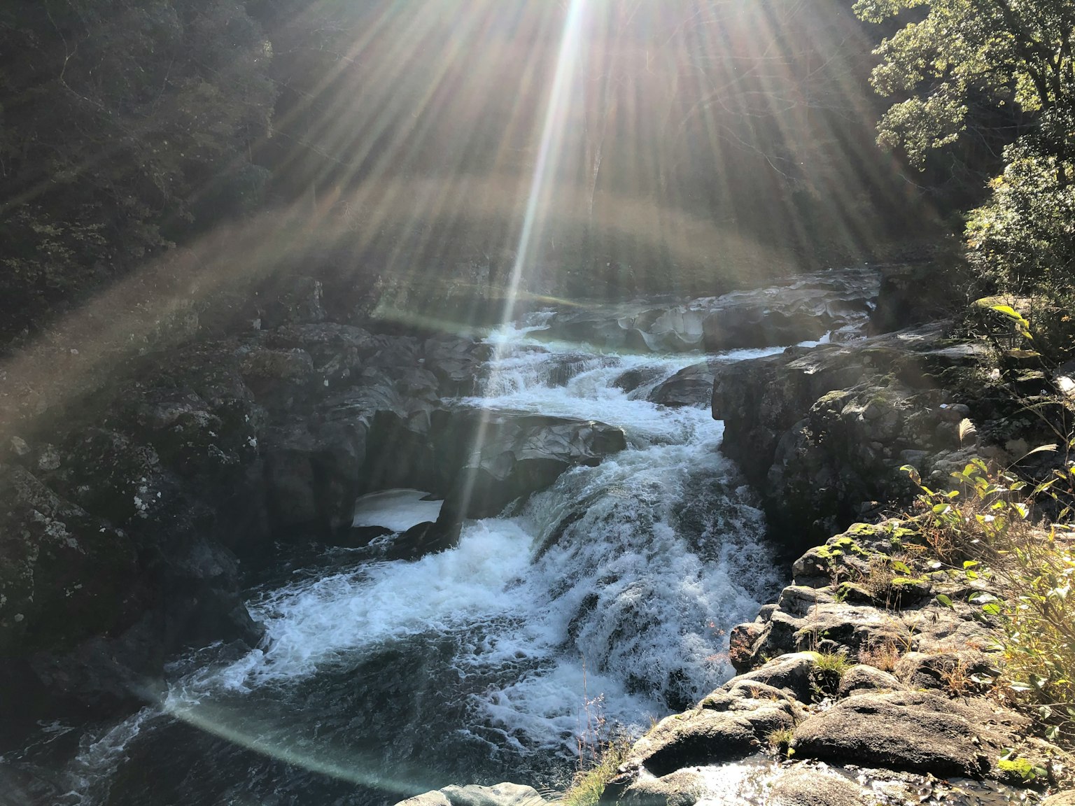 美丽的瀑布场景，水流在岩石上流动