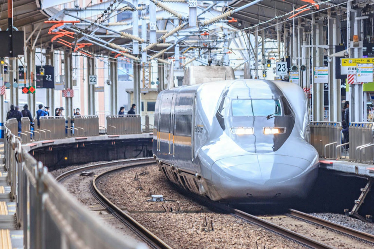 Shinkansen yang masuk ke stasiun dengan rel dan penumpang