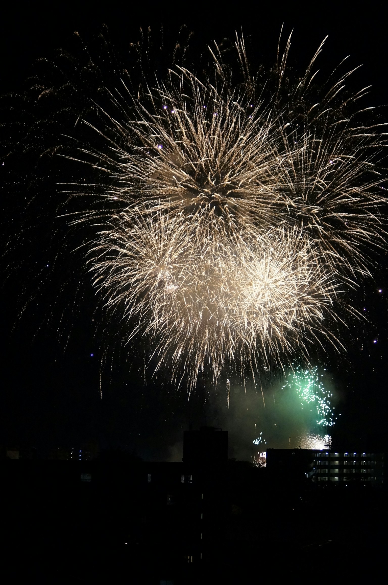 夜空中绚丽的烟花展示明亮的白色和绿色色调