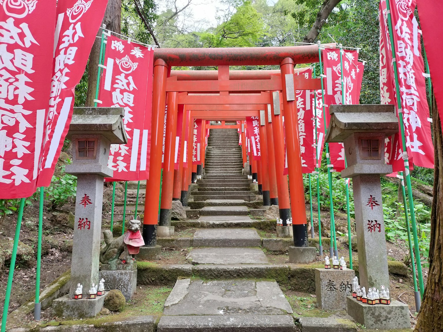 Scalinata fiancheggiata da torii rossi e bandiere in un santuario