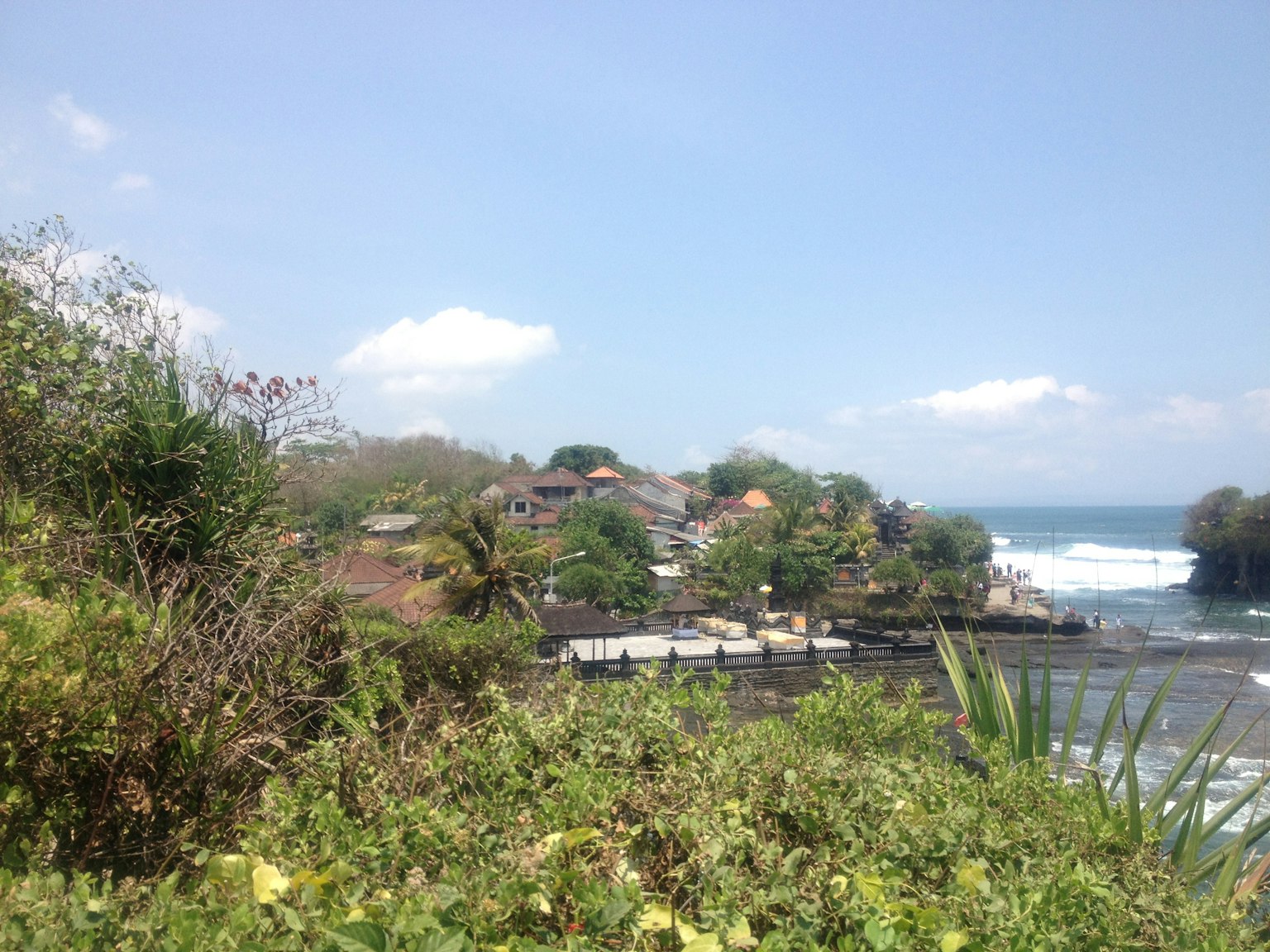 Scenic view of a small village surrounded by blue sky and ocean Lush greenery and houses visible