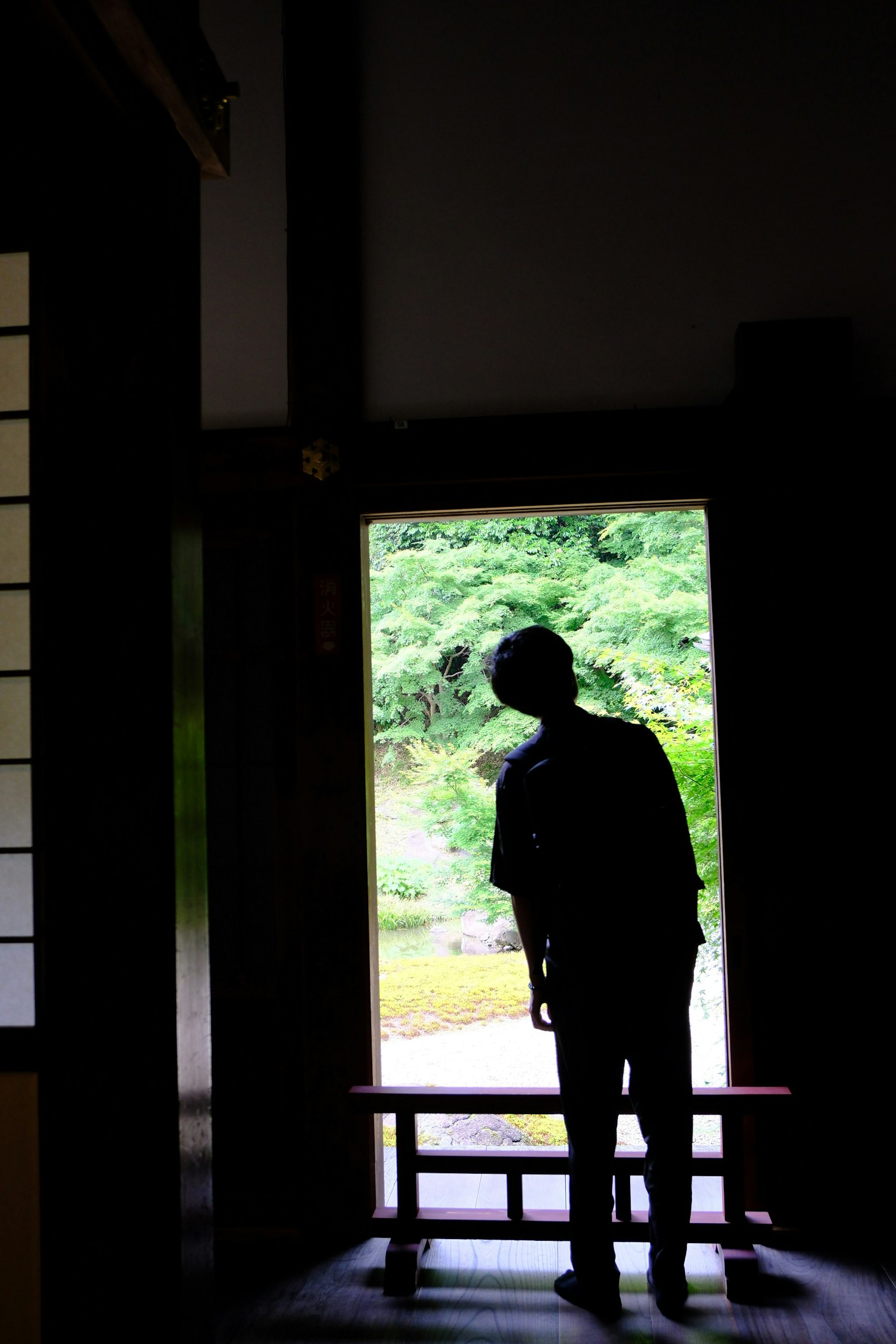 静かな日本の伝統的な家の入り口に立つ人影 緑の庭が見える