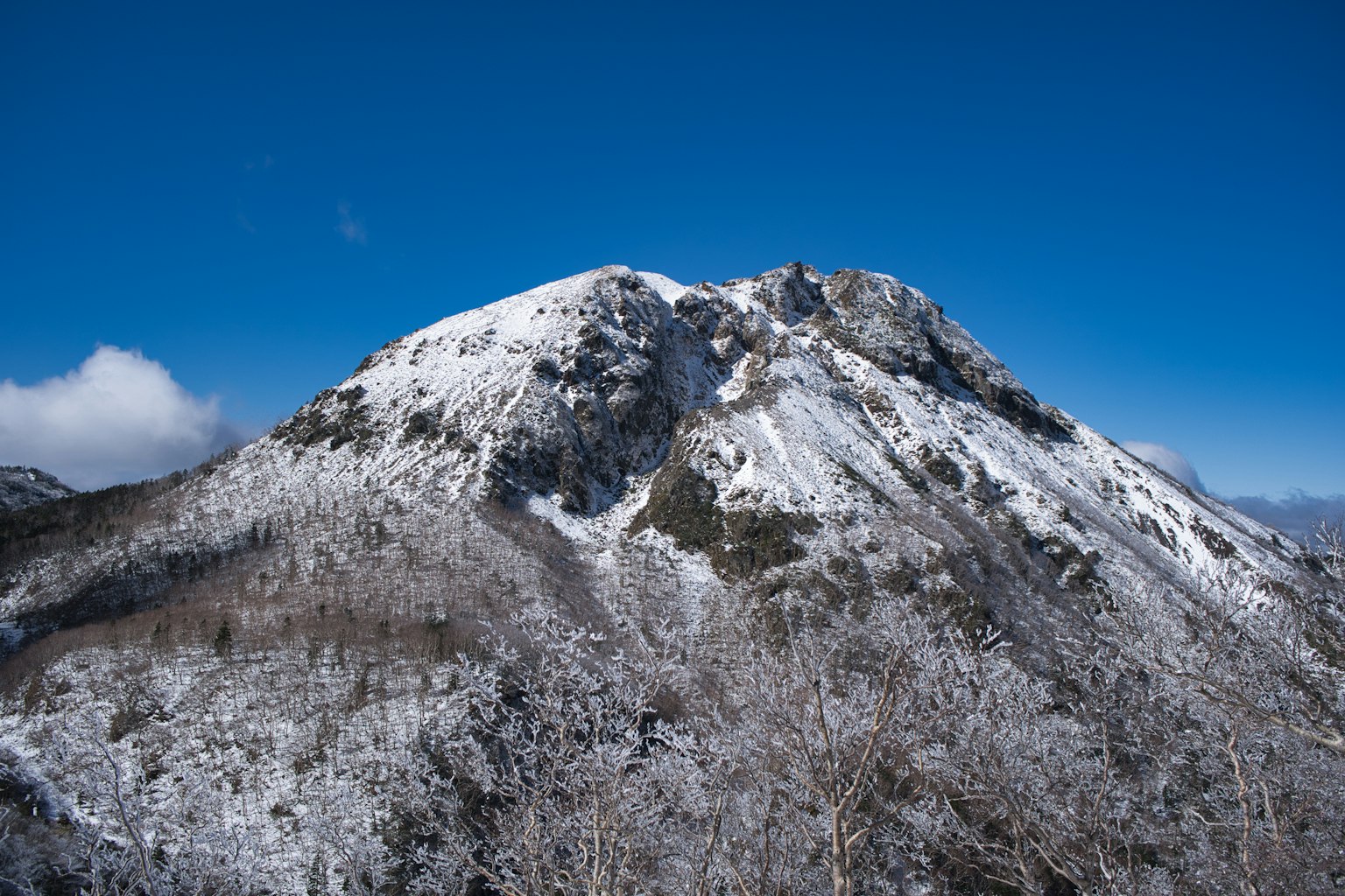 Snow-covered mountain with clear blue sky