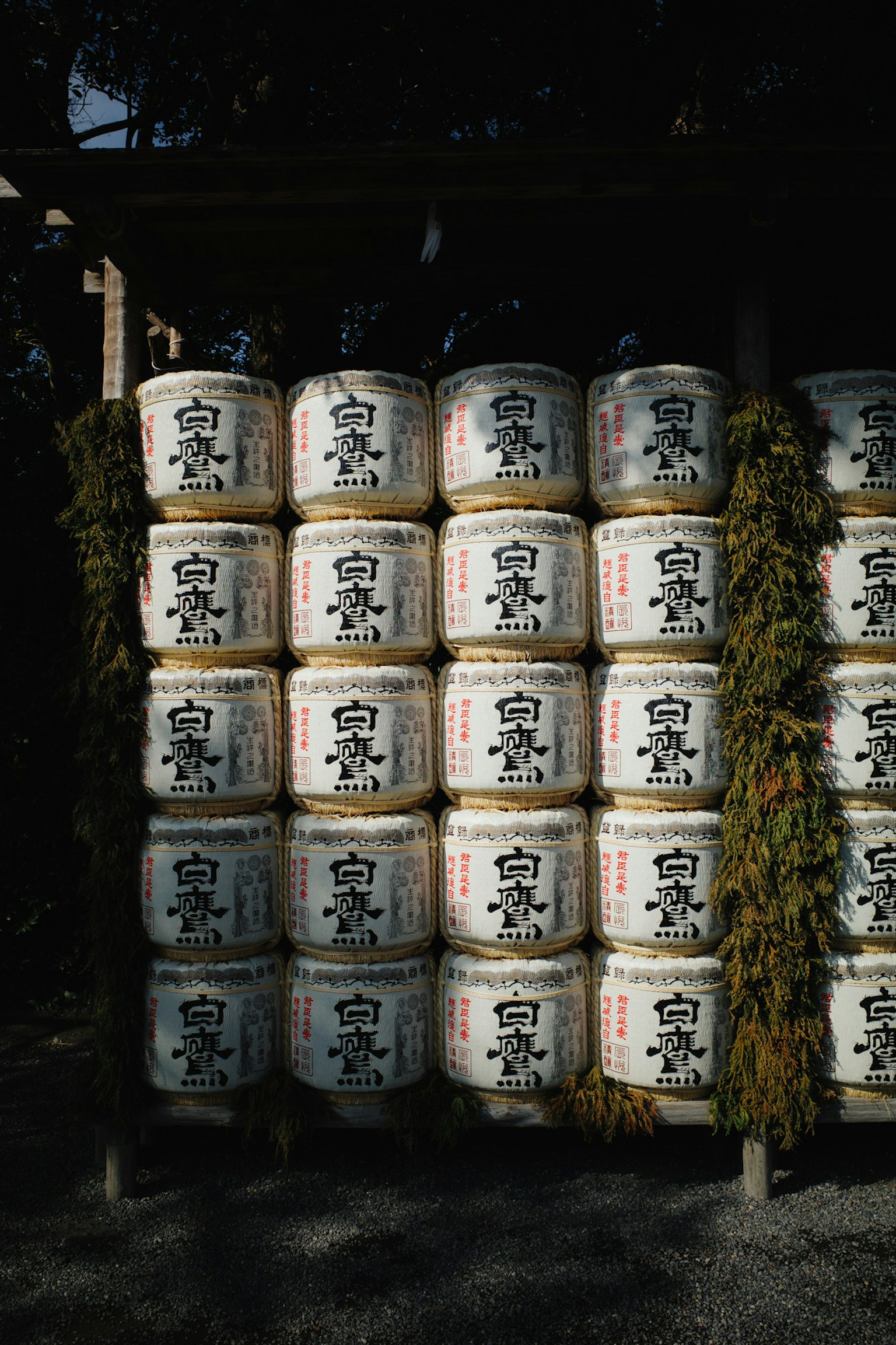 Display of sake barrels arranged at a shrine