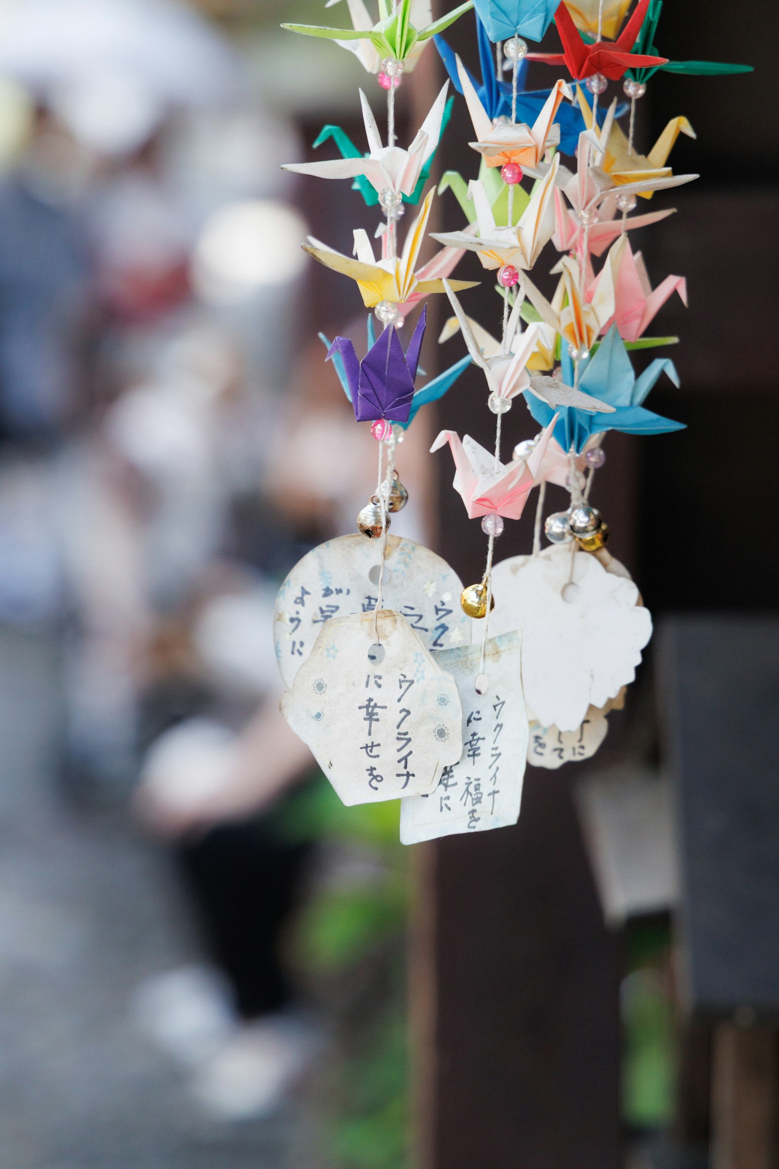 五彩紙鶴和願望紙一起懸掛的景象