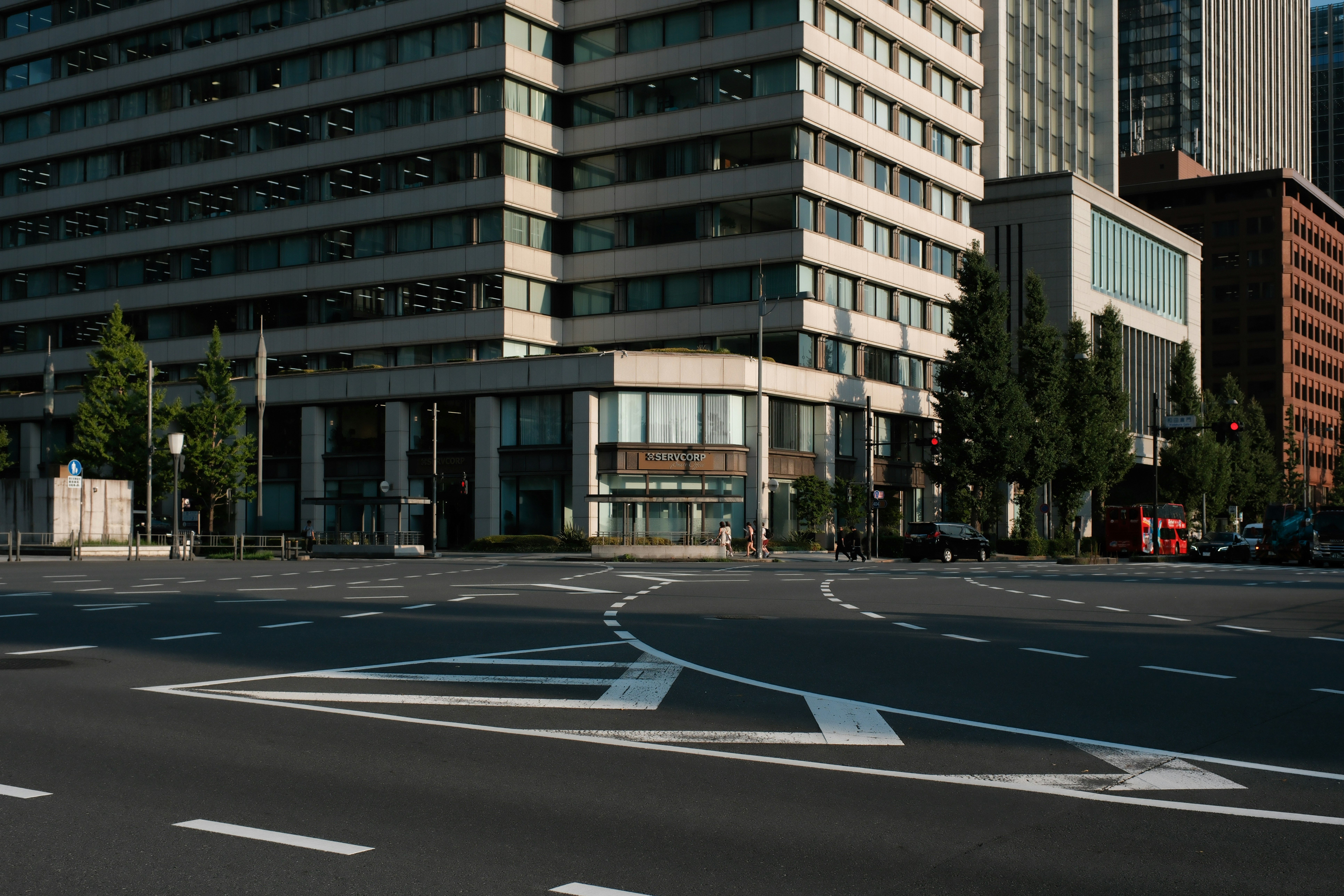 an empty downtown intersection street scene