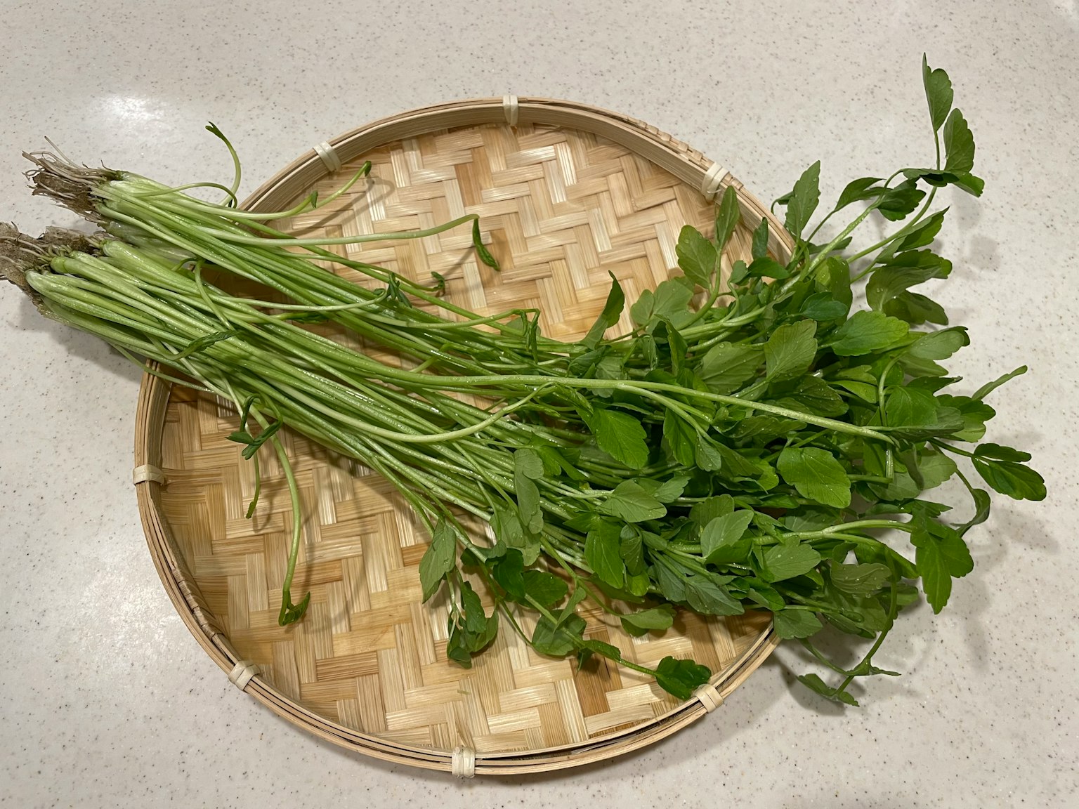 Fresh herbs arranged on a bamboo plate